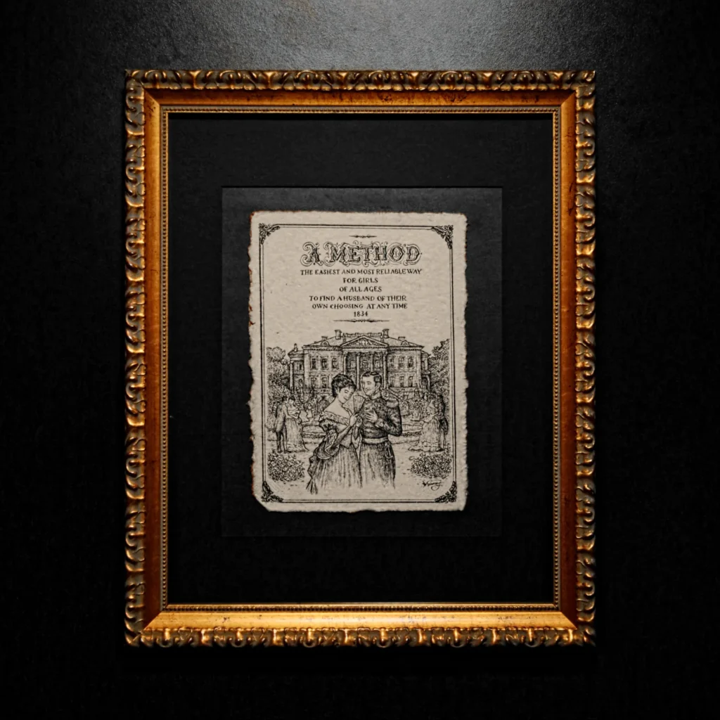 A vintage-style drawing on textured handmade paper with deckled edges, mounted in a black passe-partout and a classic ornate gold frame against a dark background.