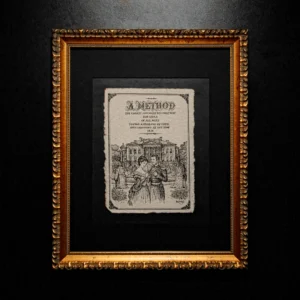 A vintage-style drawing on textured handmade paper with deckled edges, mounted in a black passe-partout and a classic ornate gold frame against a dark background.