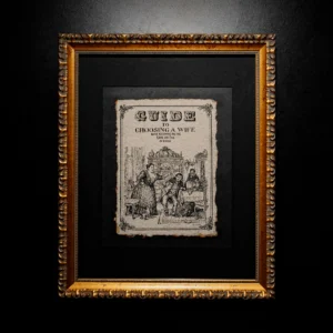 Vselenskyi's painting "Guide to Choosing a Wife" in a massive gilded frame with a black mat against a dark background.