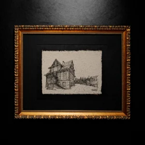 An intricate pen-and-ink architectural study titled "Soliloquy" by Vselenskyi is rendered on textured, deckle-edged handmade paper. The drawing is showcased in an ornate, classical golden frame that stands out against a dark, moody background.