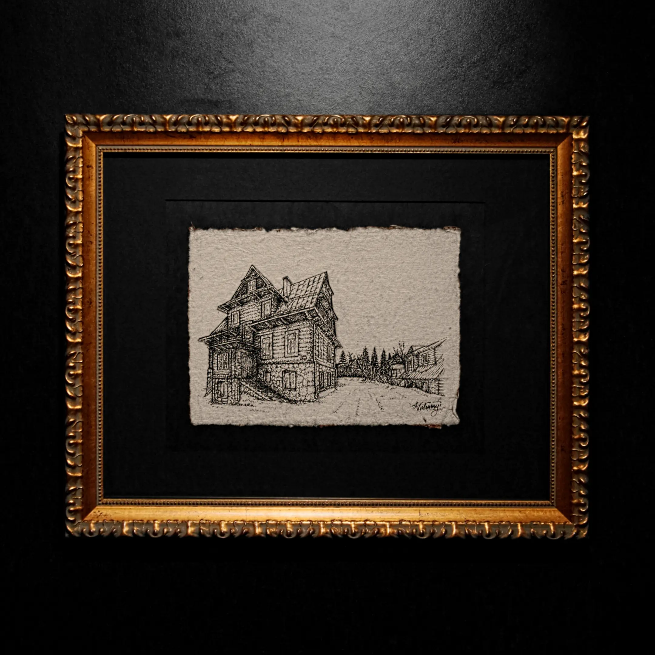 An intricate pen-and-ink architectural study titled "Soliloquy" by Vselenskyi is rendered on textured, deckle-edged handmade paper. The drawing is showcased in an ornate, classical golden frame that stands out against a dark, moody background.