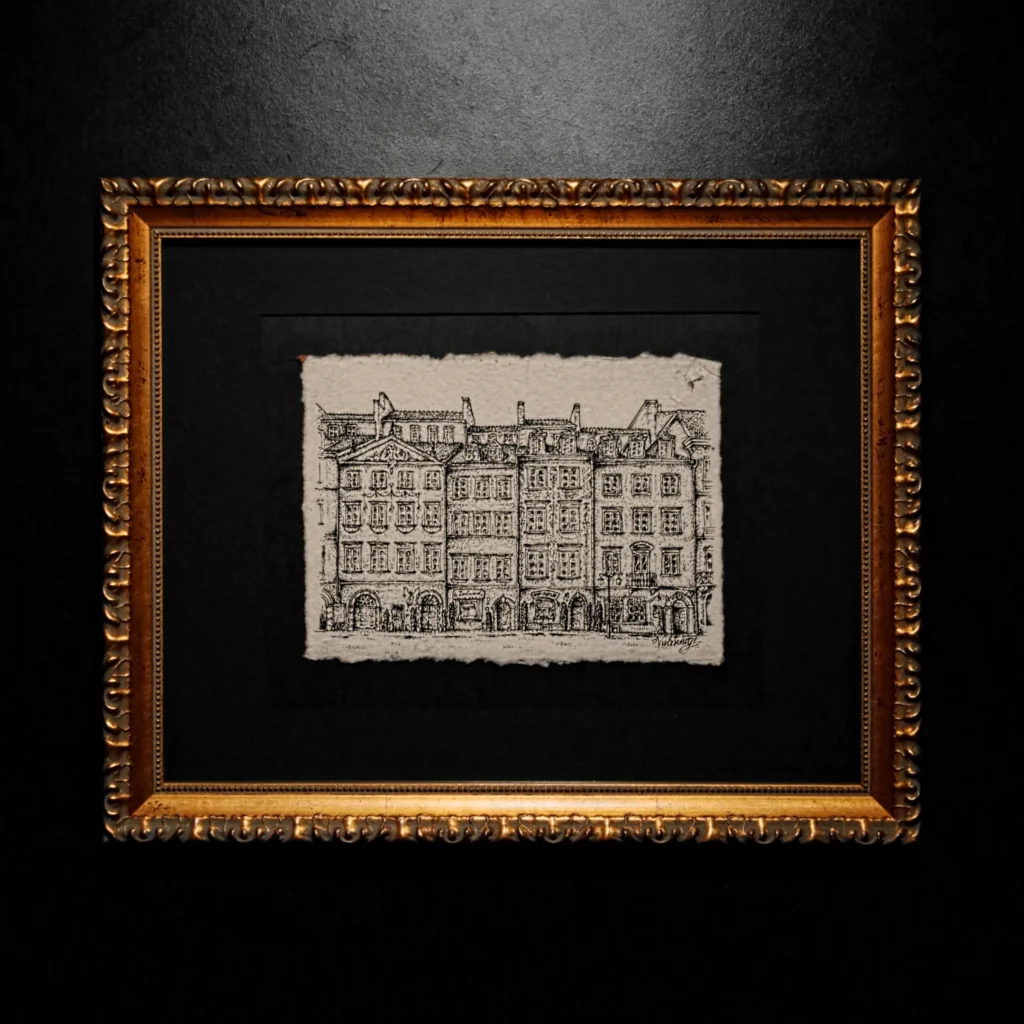 An ink cityscape sketch on deckle-edged paper, mounted in a black mat and enclosed within an ornate gold-leaf classical frame.
