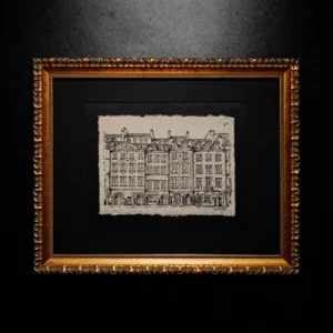 An ink cityscape sketch on deckle-edged paper, mounted in a black mat and enclosed within an ornate gold-leaf classical frame.