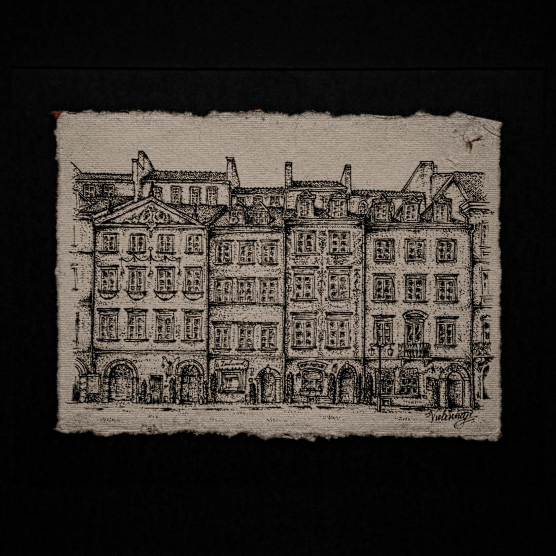 A complete ink sketch of a historic European street scene on a deckle-edged piece of textured paper, mounted against a solid black background.