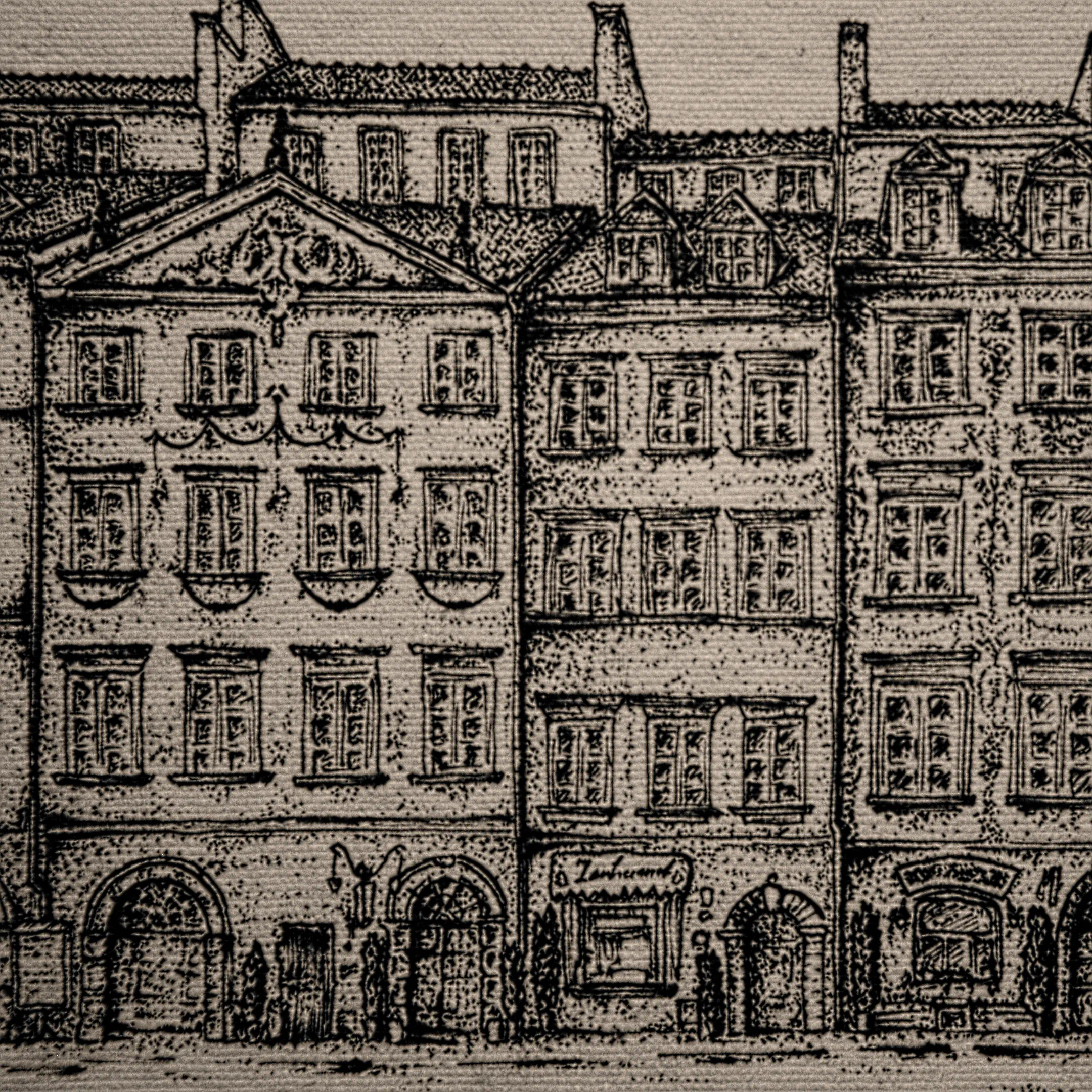 A close-up ink drawing showing the left side of a historic building with a prominent triangular pediment, ornate carvings, and arched doorways on the ground floor.