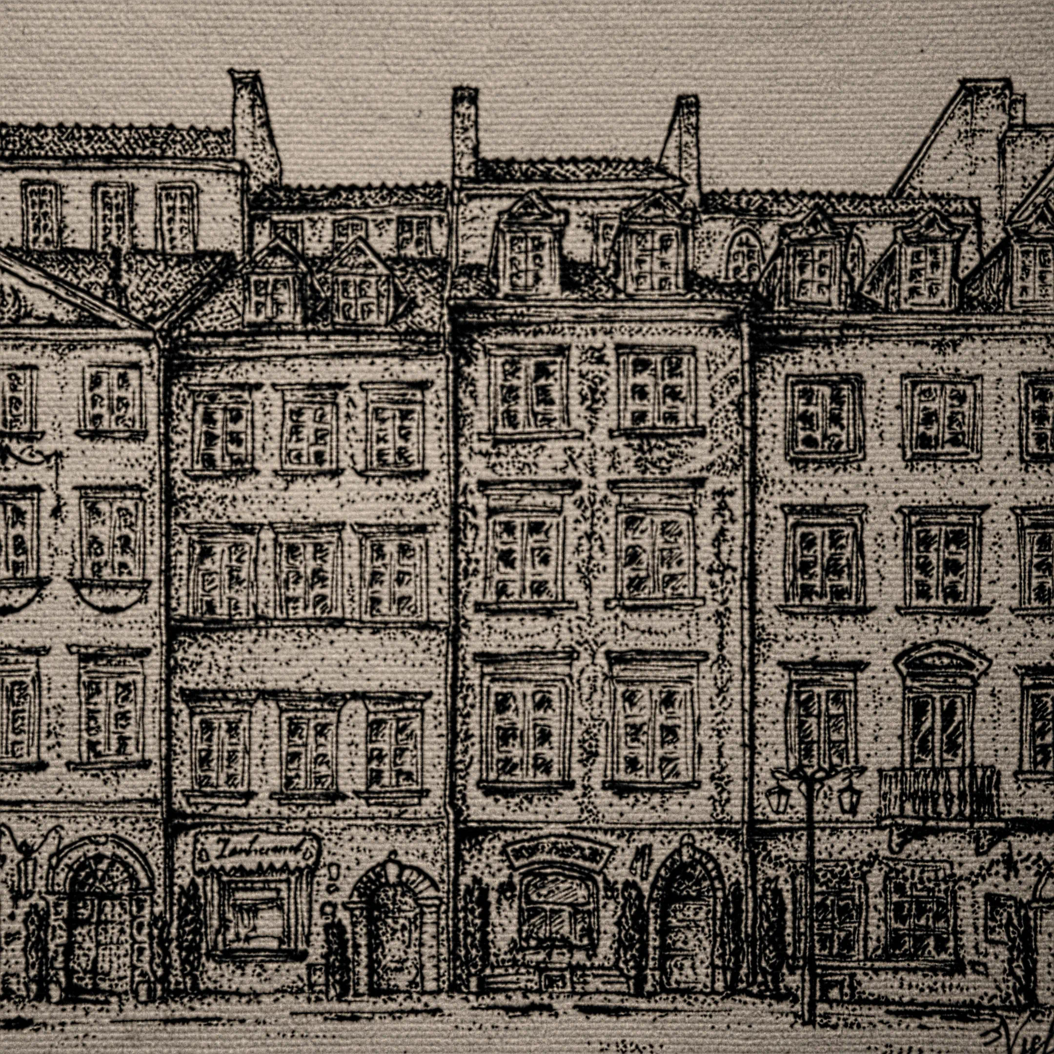 An ink drawing capturing the central facades of historic buildings with numerous windows, chimneys, and attic dormers. Detailed line art on a textured surface.