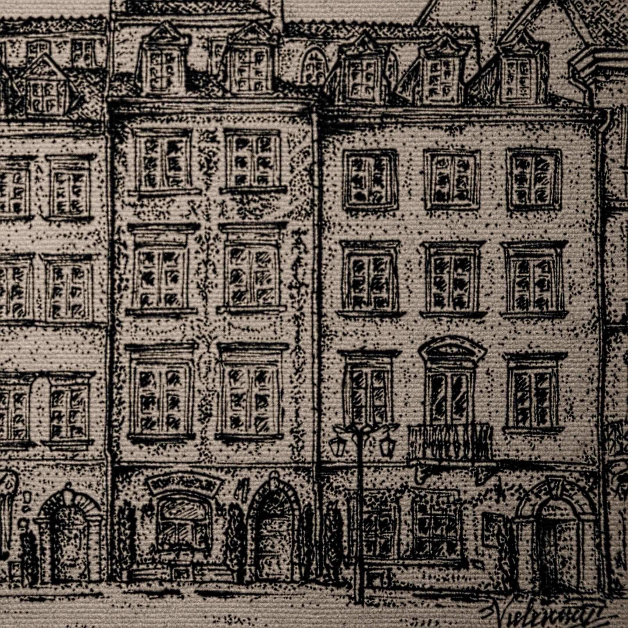 A detailed ink drawing of historic European buildings featuring dormer windows, arched doorways, and a street lamp, with the artist's signature "Vselenskyi" in the bottom right corner.