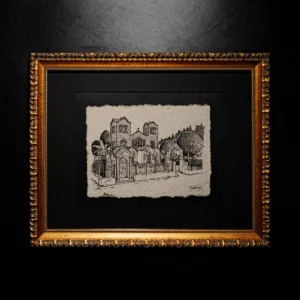 A black ink architectural drawing of a classical building with two towers, created on textured handmade paper with deckled edges, set within a black mat and a gold ornate frame.