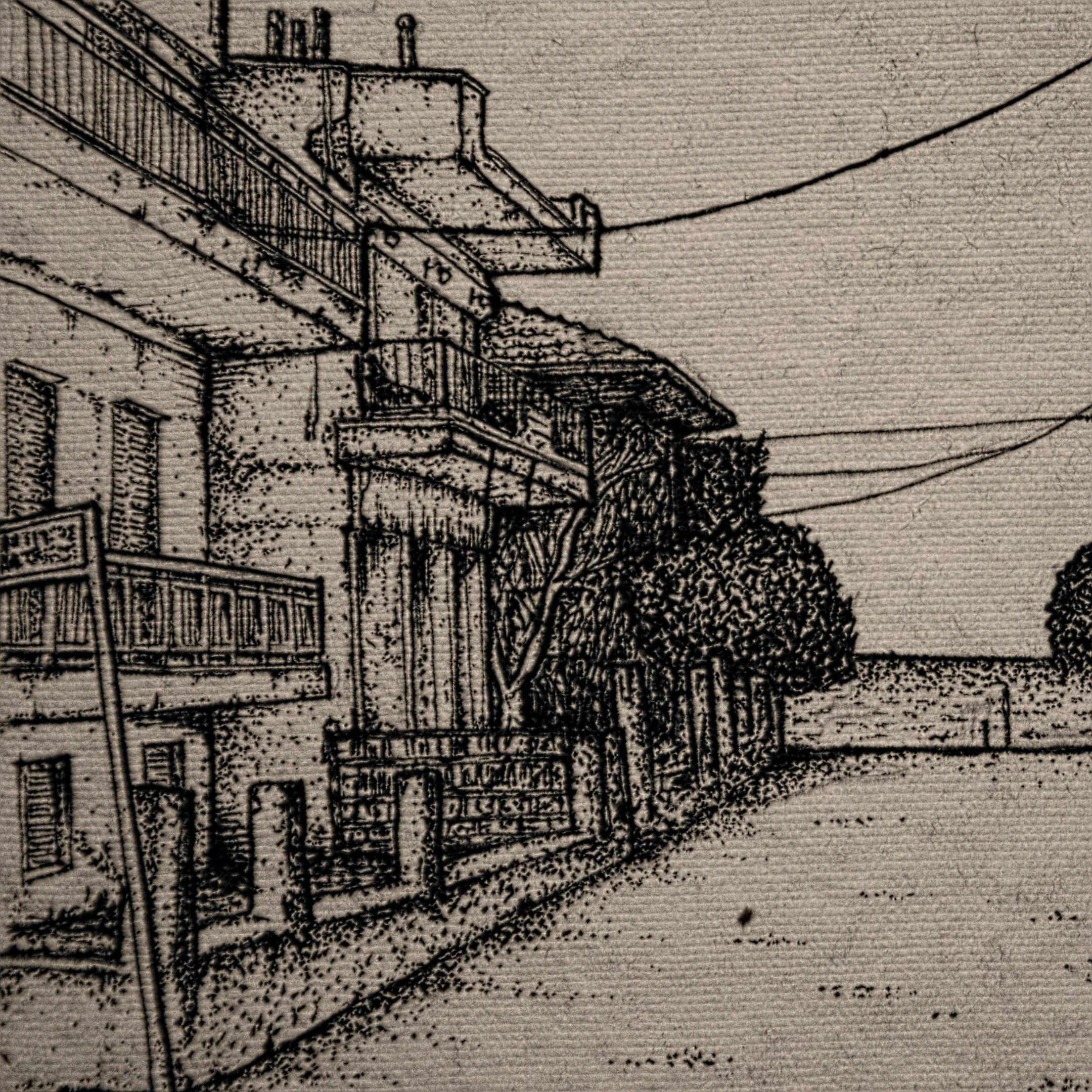A close-up of an ink drawing showing building facades with balconies and terraces in a graphic style on textured paper.