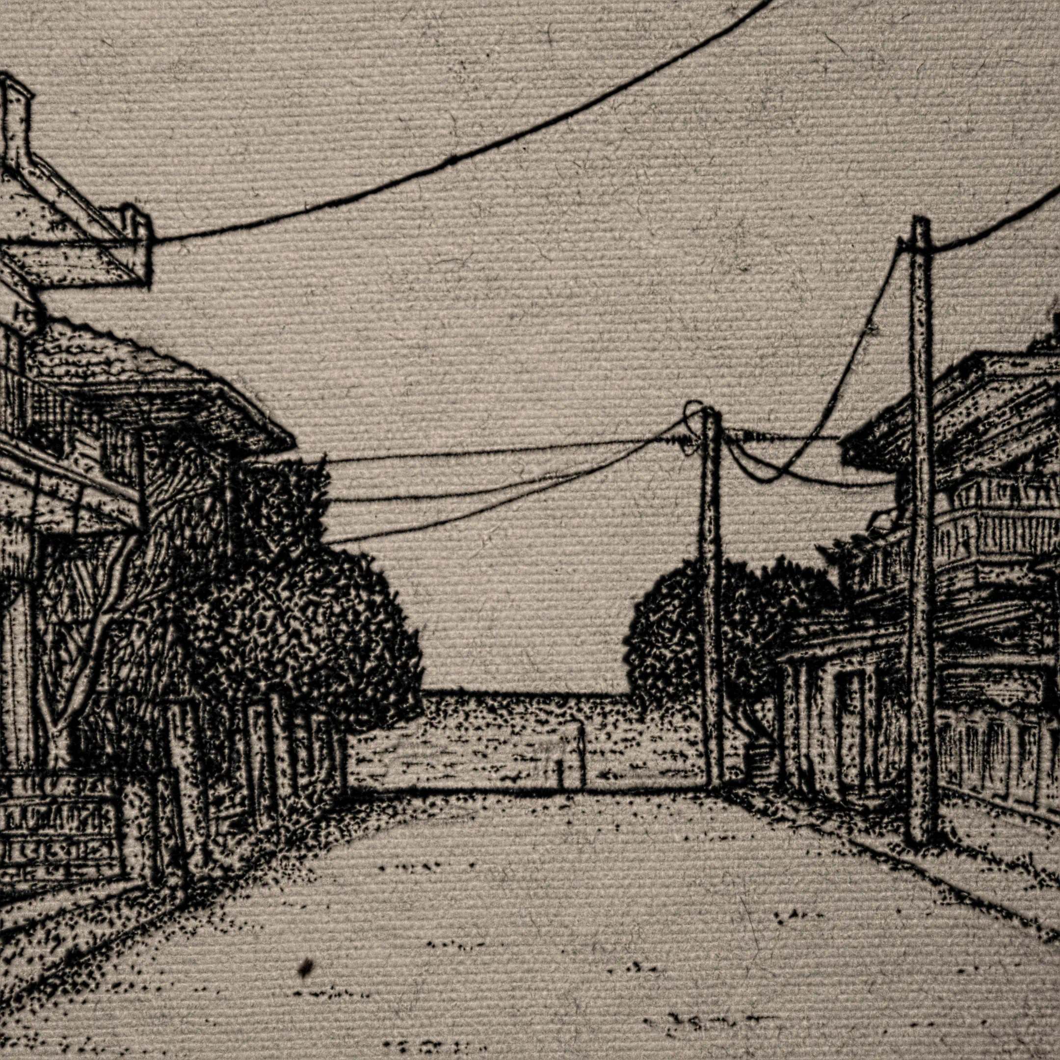 An ink stippling drawing of a quiet street leading toward the horizon, featuring houses, trees, and utility poles on textured paper.