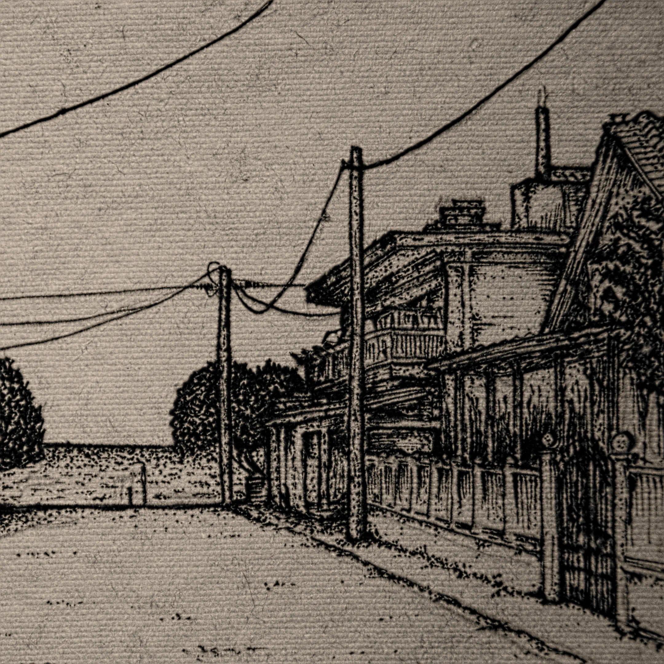 A detailed fragment of an ink drawing, showing a close-up of the right-side street buildings with a fence, balcony, and chimney, on textured paper.
