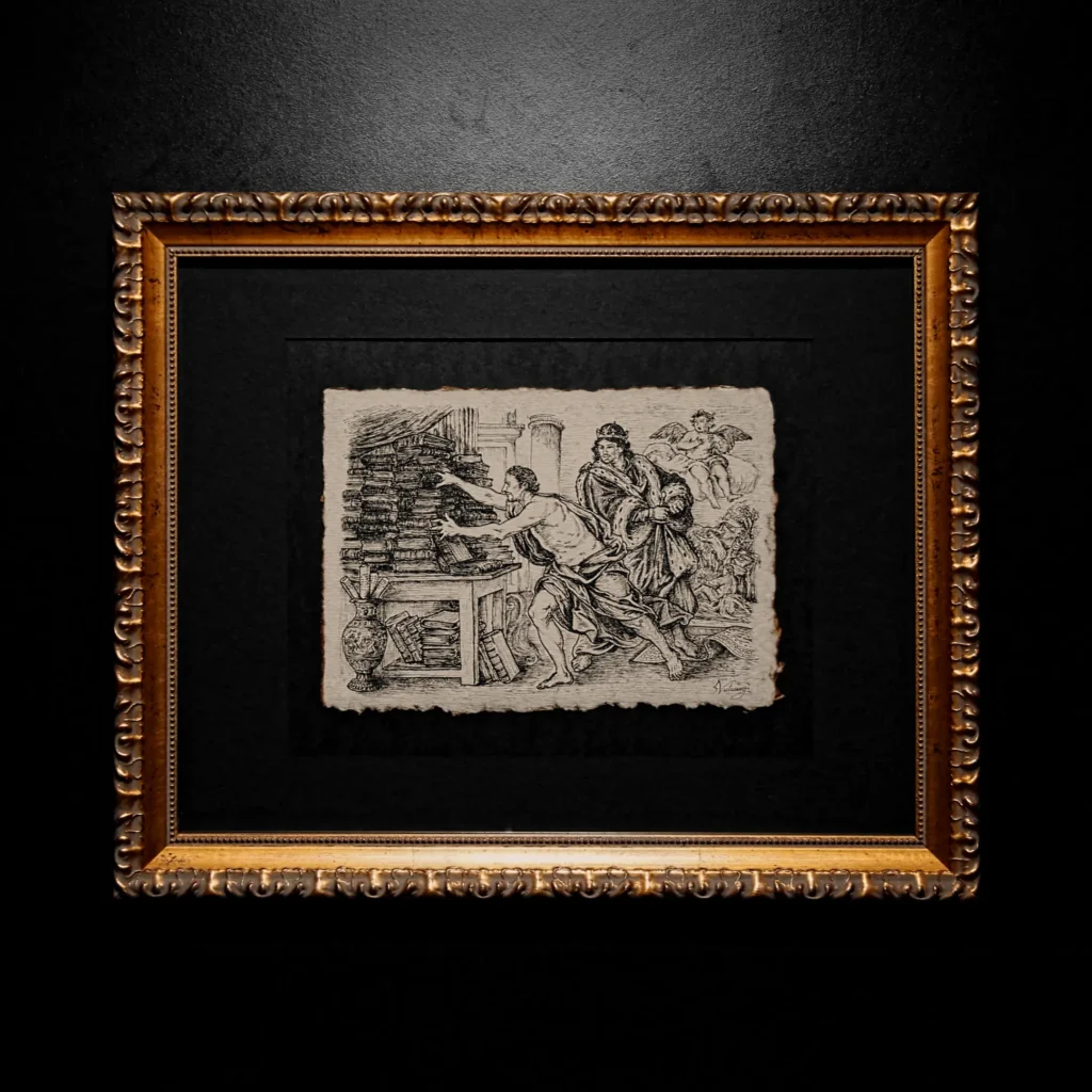 An ink drawing in an ornate gold frame depicting a man in modest attire reaching fervently for a tall stack of books. Behind him, a wealthy nobleman in a royal mantle looks on with indifference or confusion. An angel is visible in the background.