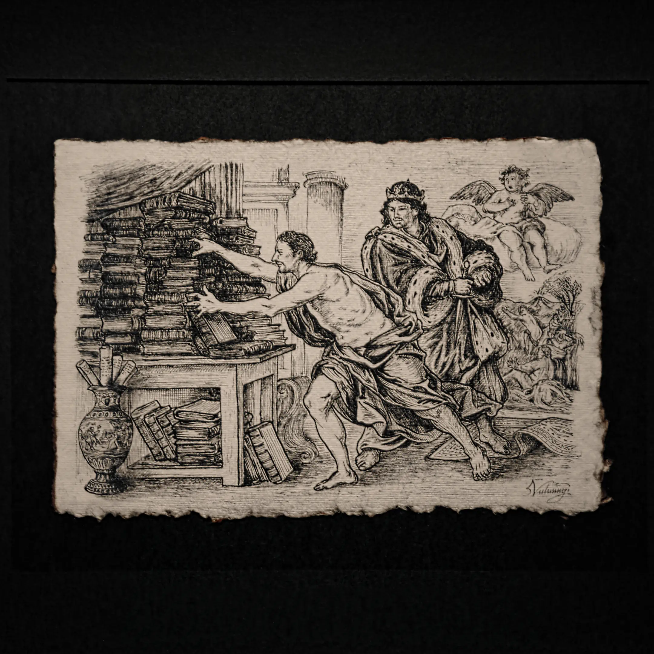 Close-up detail of a Vselenskyi ink illustration framed in ornamental gold. The scene on textured paper shows a man in a simple tunic reaching for a stack of books, while a wealthy nobleman in a mantle observes. An angel figure is visible.