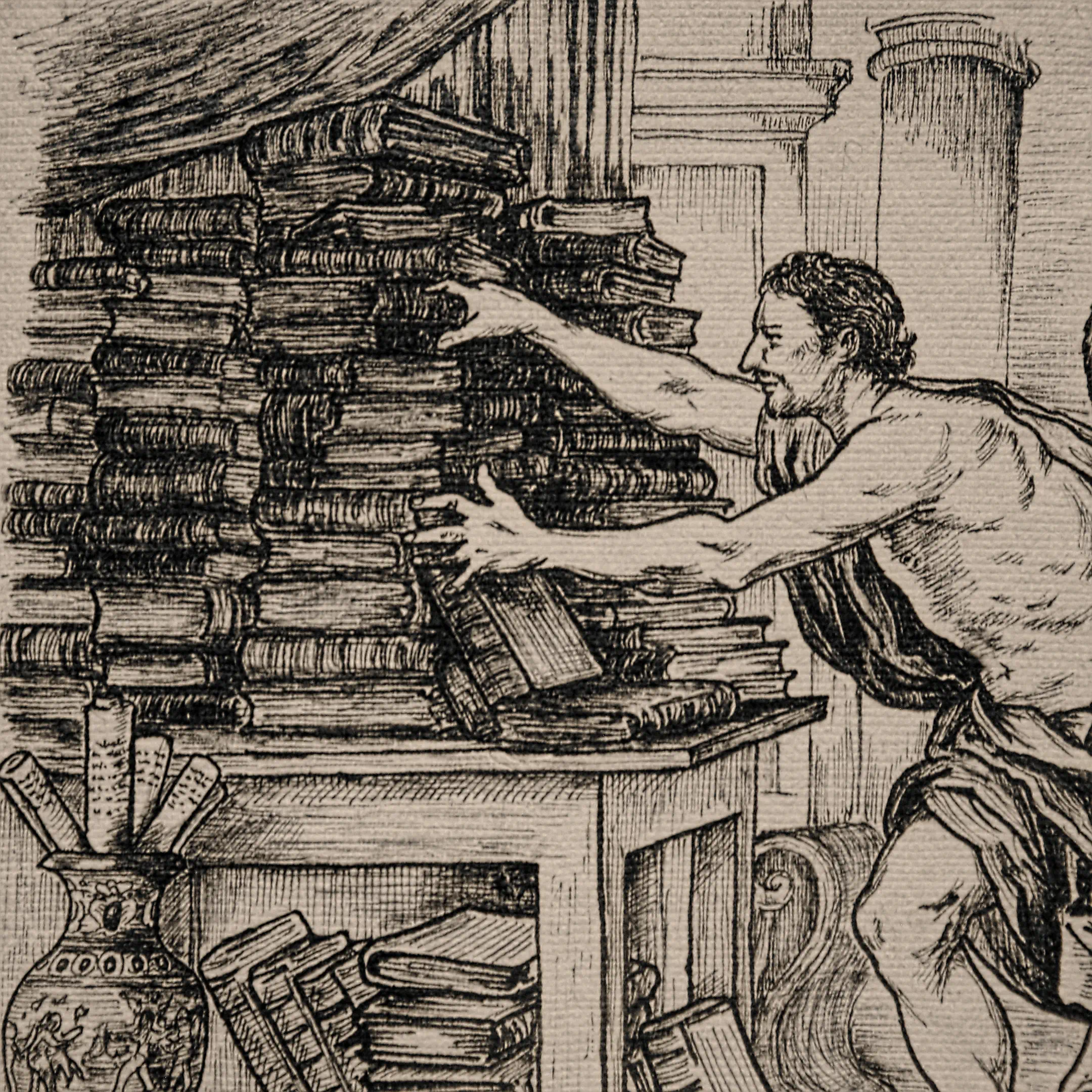 A close-up of the left side of a VSELÉNSKYI ink drawing. The frame shows a tall stack of antique books on a table and the muscular arms of a person reaching hungrily for them. An ornamental vase with scrolls stands to the left. No frame or other characters are visible.