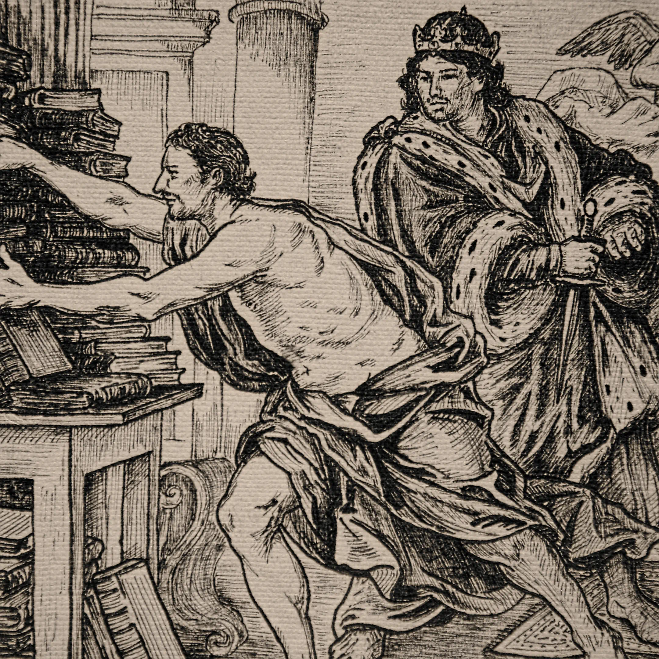 A close-up of the central part of VSELÉNSKYI's graphic work. In the foreground, a man in a simple drape is captured in a dynamic motion, reaching his hand toward books. Behind him stands a majestic nobleman in a crown and ermine mantle, gripping a sword hilt and looking at the striving man with bewilderment.