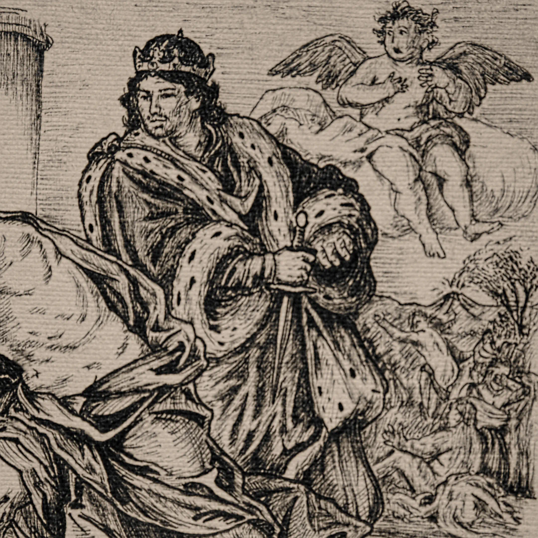 A close-up of the right side of a VSELÉNSKYI ink drawing on textured paper. The frame is dominated by the figure of a man in a crown, an opulent ermine mantle, and rich clothing, standing with his back to the viewer. He holds his hand on a sword hilt. A hovering winged angel is visible over his right shoulder. The left part of the composition is cut off. No frame is present.