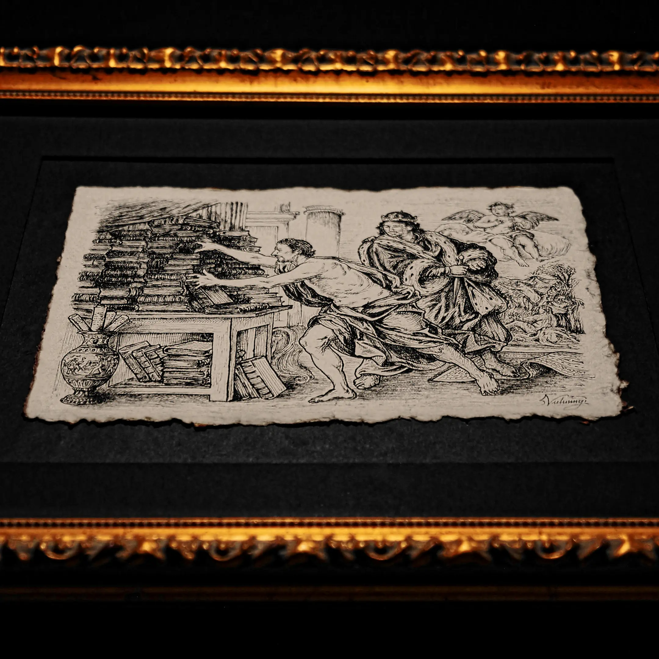 A perspective shot from the top-side: VSELÉNSKYI's graphic sheet on a black background within a gold frame. The deckled edges of the paper and the depth between the glass and the drawing are visible.