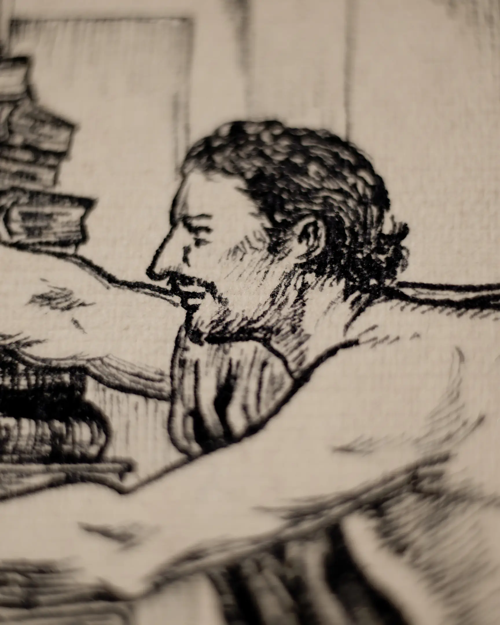 This fragment allows for an appreciation of VSELÉNSKYI's masterful technique in depicting human emotion. The macro shot captures the focused gaze and tense facial features of a hero for whom knowledge has become a vital necessity. We see every stroke of ink that creates volume and character. The blurred background with books emphasizes that, at this moment, nothing exists for the seeker but his goal. The texture of the paper provides historical authenticity to the portrait, turning it into a living testament to intellectual struggle.