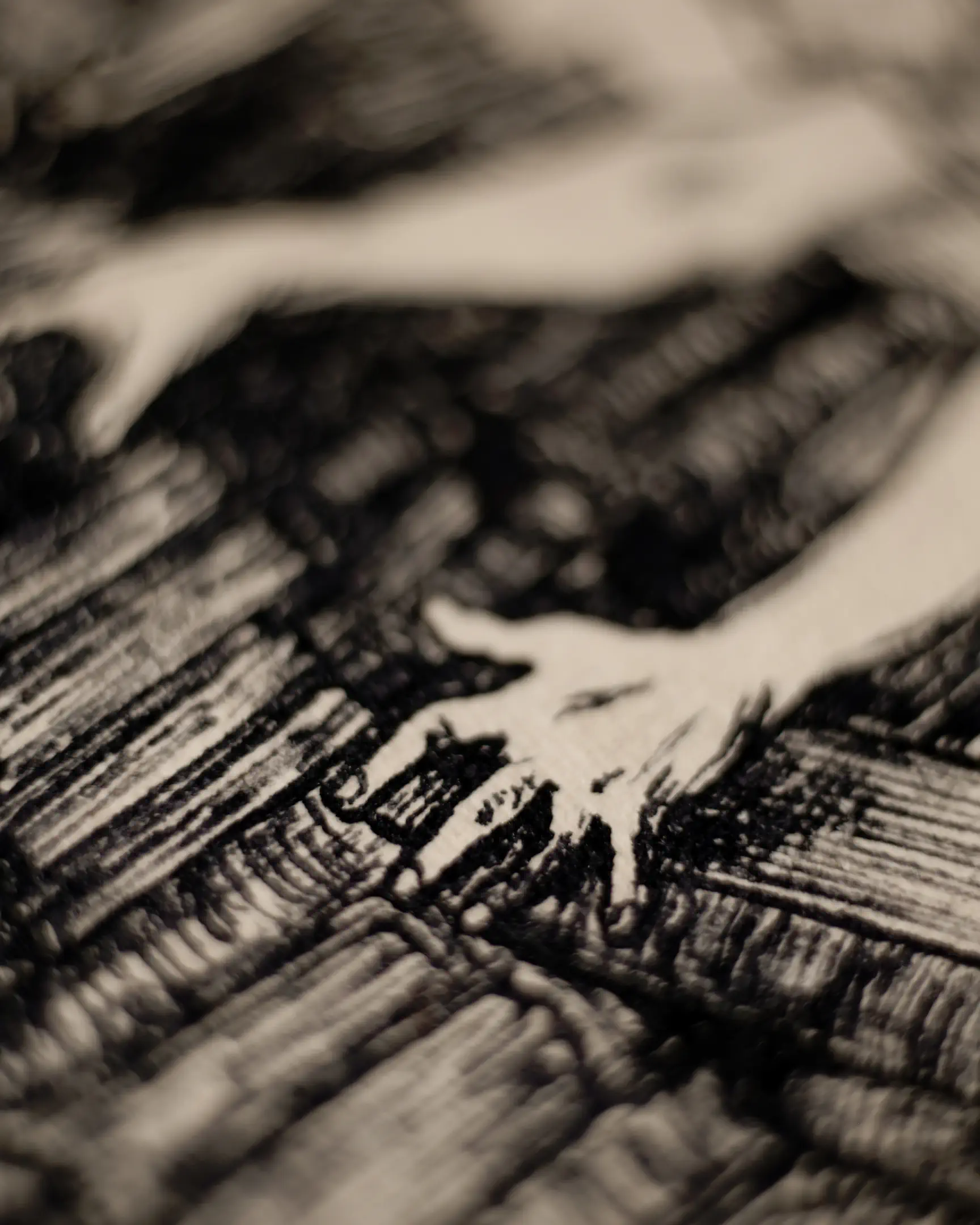 Macro photography of ink drawing showing detailed texture of handmade paper and a hand reaching for a stack of ancient books