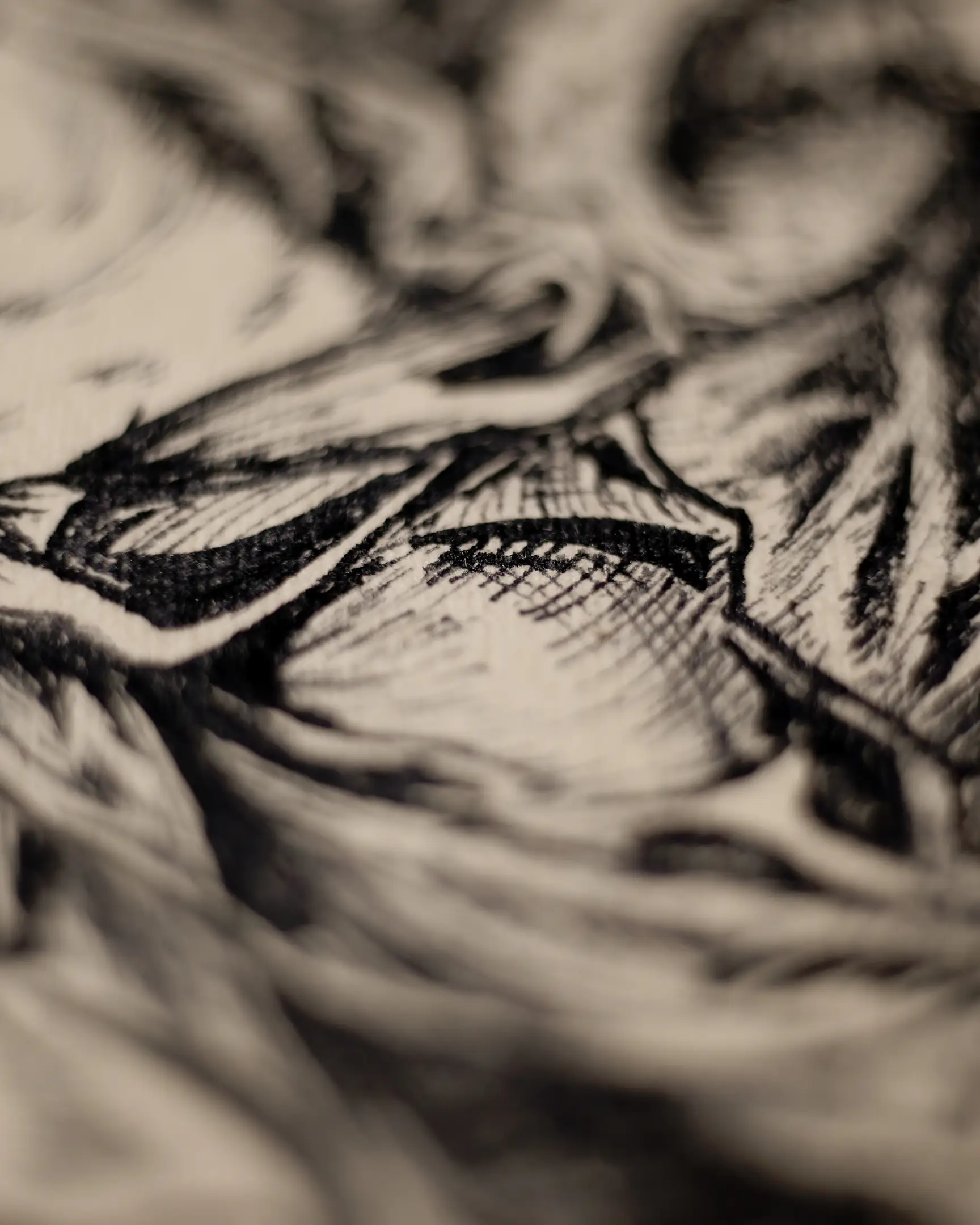 This macro shot cuts away all distractions, leaving the viewer alone with the central theme of the piece—an irresistible urge for enlightenment. We see the naked essence of the drama on the uneven, textured surface of the paper. The close-up emphasizes the dynamics of the gesture, conveying an almost physical effort to reach the books. Deep ink hatching conveys the volume of the heavy tomes and the tension in the subject's hands. The absence of a frame creates an effect of direct presence, as if we are looking at a sketch in the artist's workshop, where every ink line and the paper fiber is visible. This image is ideal for a catalog or a certificate of authenticity.