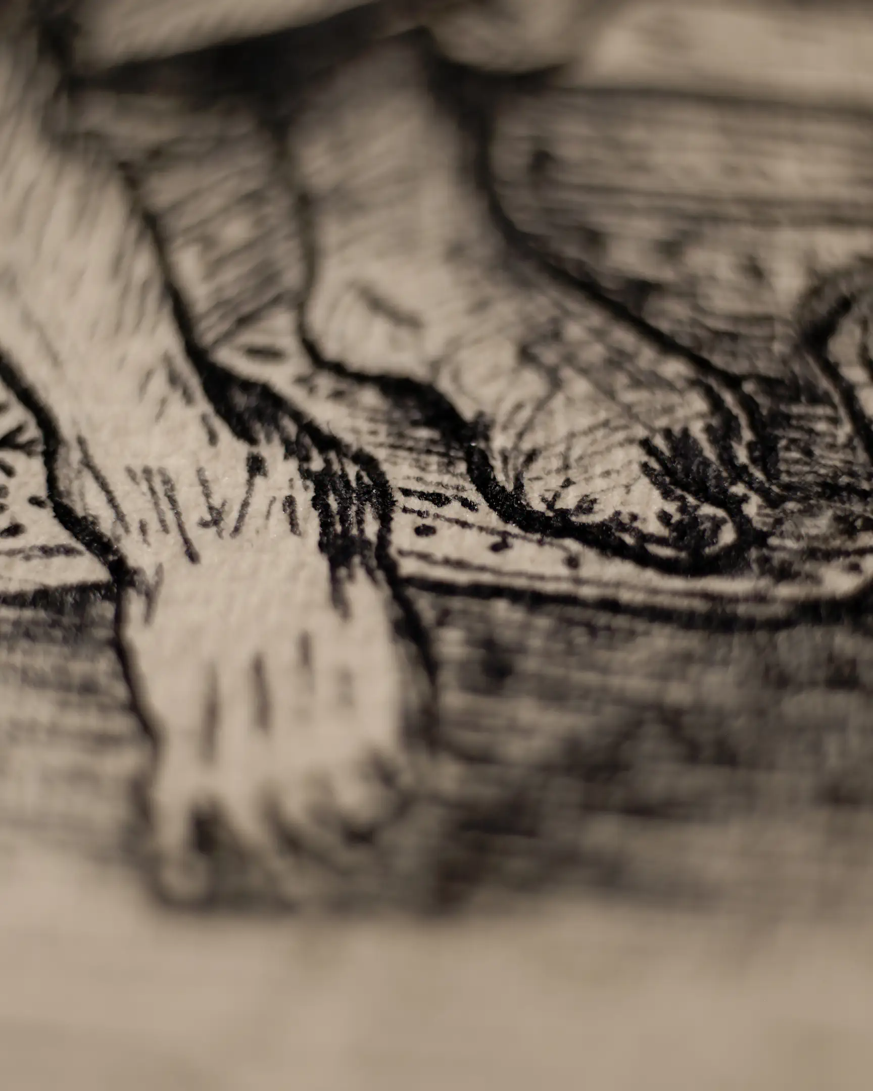 This fragment emphasizes the vulnerability and grounded nature of the character. The fine graphic lines allow the viewer to appreciate the texture of the paper and the mastery of the pen, conveying the weight of the protagonist's life journey.