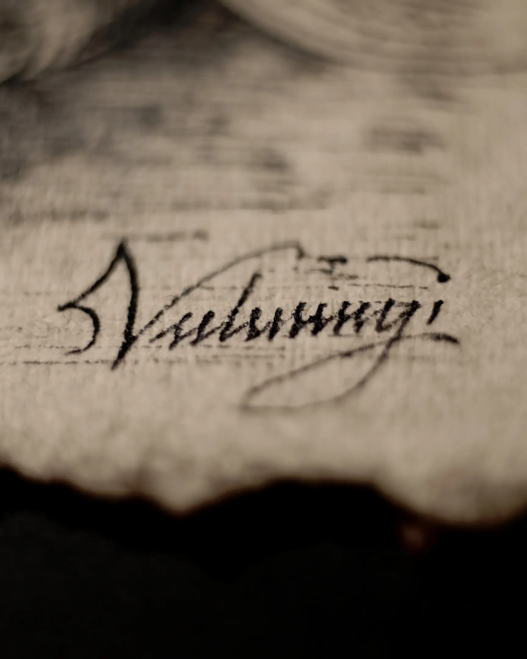 The aesthetics of this shot are built on the contrast between the elegant lines of the signature and the raw, almost tactile texture of the material. It is more than just a name; it is the final stroke confirming the author's commitment to the traditions of academic mastery and classical graphics.