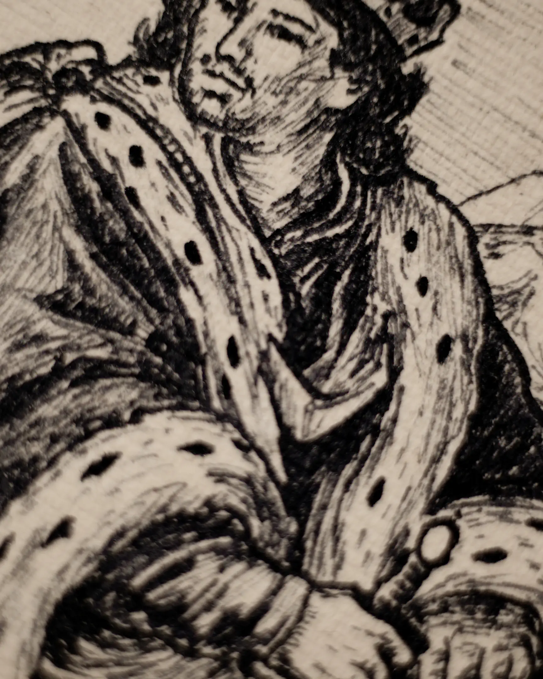 This close-up view focuses on a dramatic moment. The focus on the clenched hand and dagger symbolizes the tension and hidden threat that permeate this scene. The texture of the robe and the sharpness of the hand's hatching emphasize the importance of this direct interaction, which stands out against the backdrop of richly dressed yet passive figures in the blurred background.