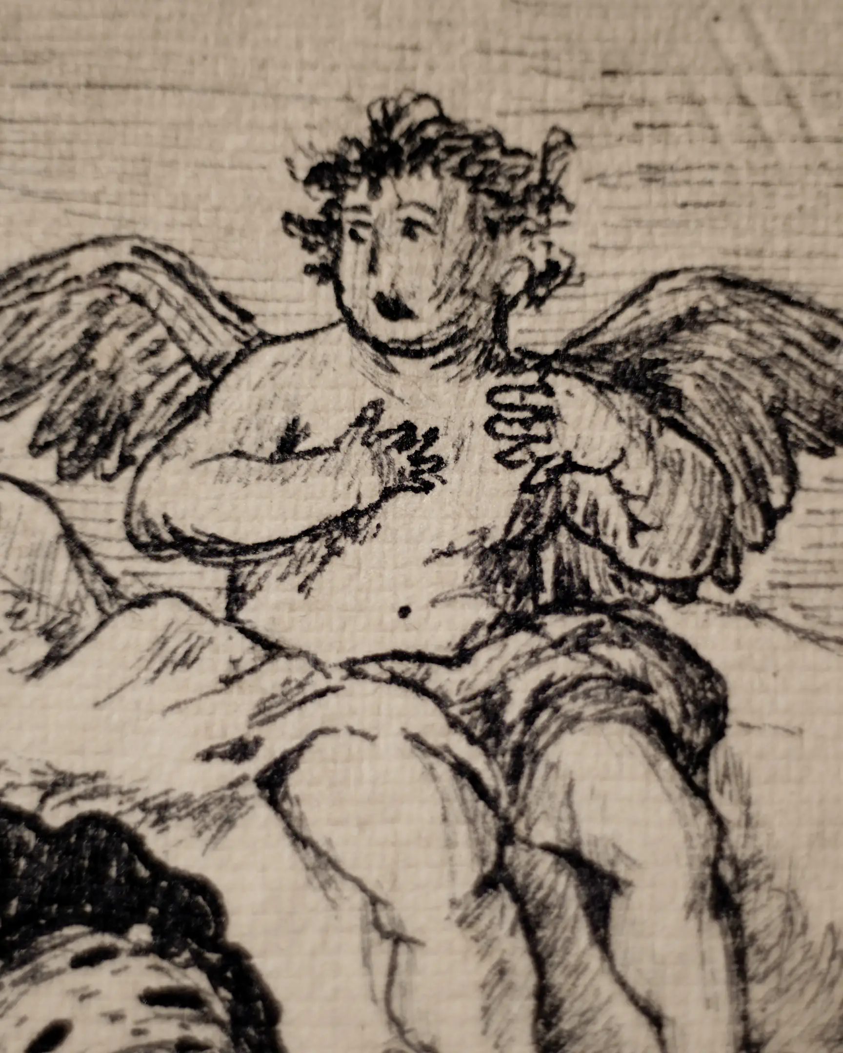 The image captures a small, curly-haired figure with two feathered wings emerging from its back. The character appears to be sitting or reclining on a cloud-like shape. One hand is placed near the chest, and the head is turned slightly to the side. The entire figure is rendered with expressive ink strokes and hatching.