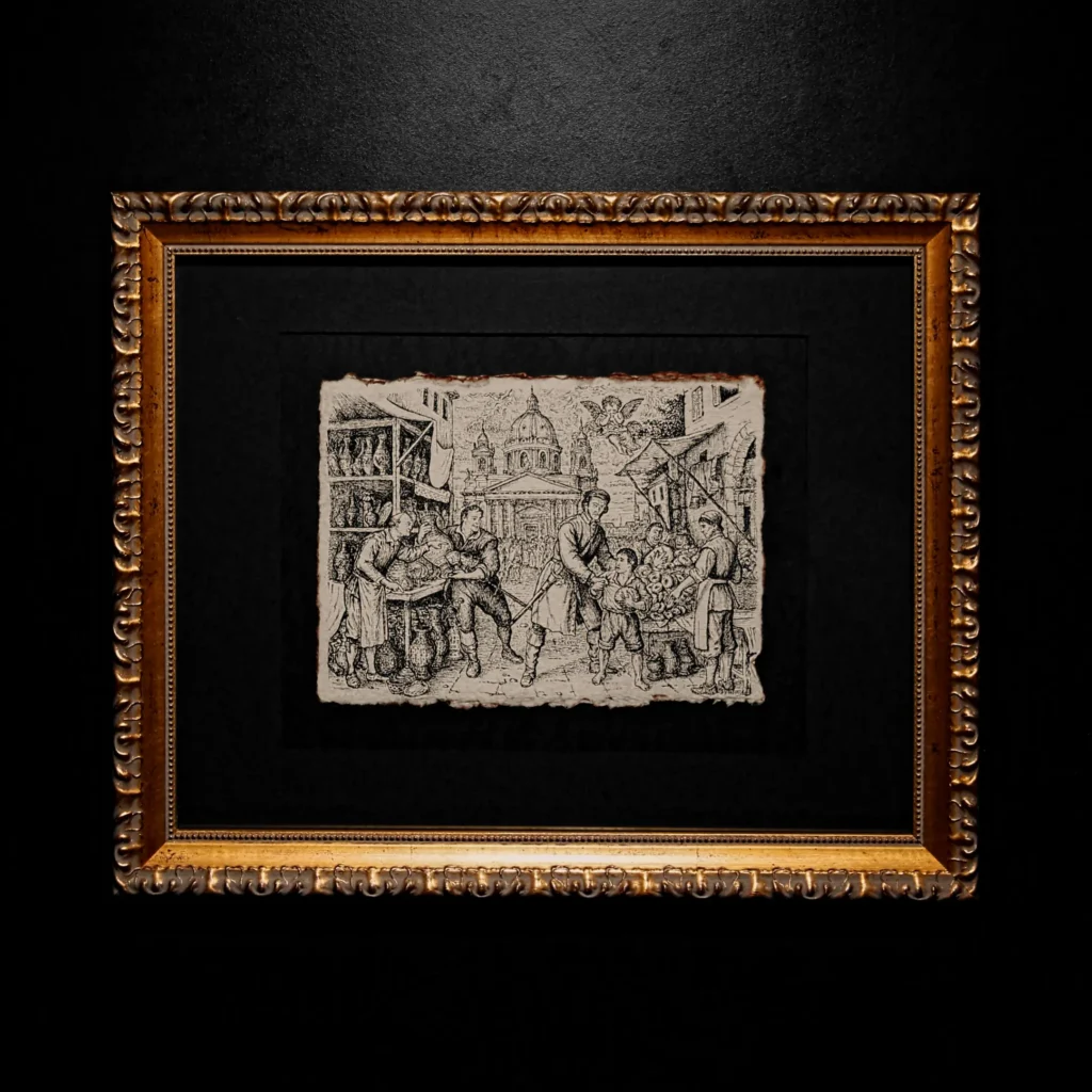 A framed historical ink drawing on handmade paper with deckled edges, depicting a busy 19th-century European market square with a cathedral in the background, set in a gold ornate frame.