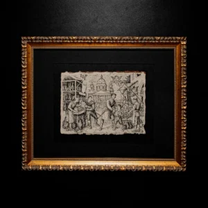 A framed historical ink drawing on handmade paper with deckled edges, depicting a busy 19th-century European market square with a cathedral in the background, set in a gold ornate frame.