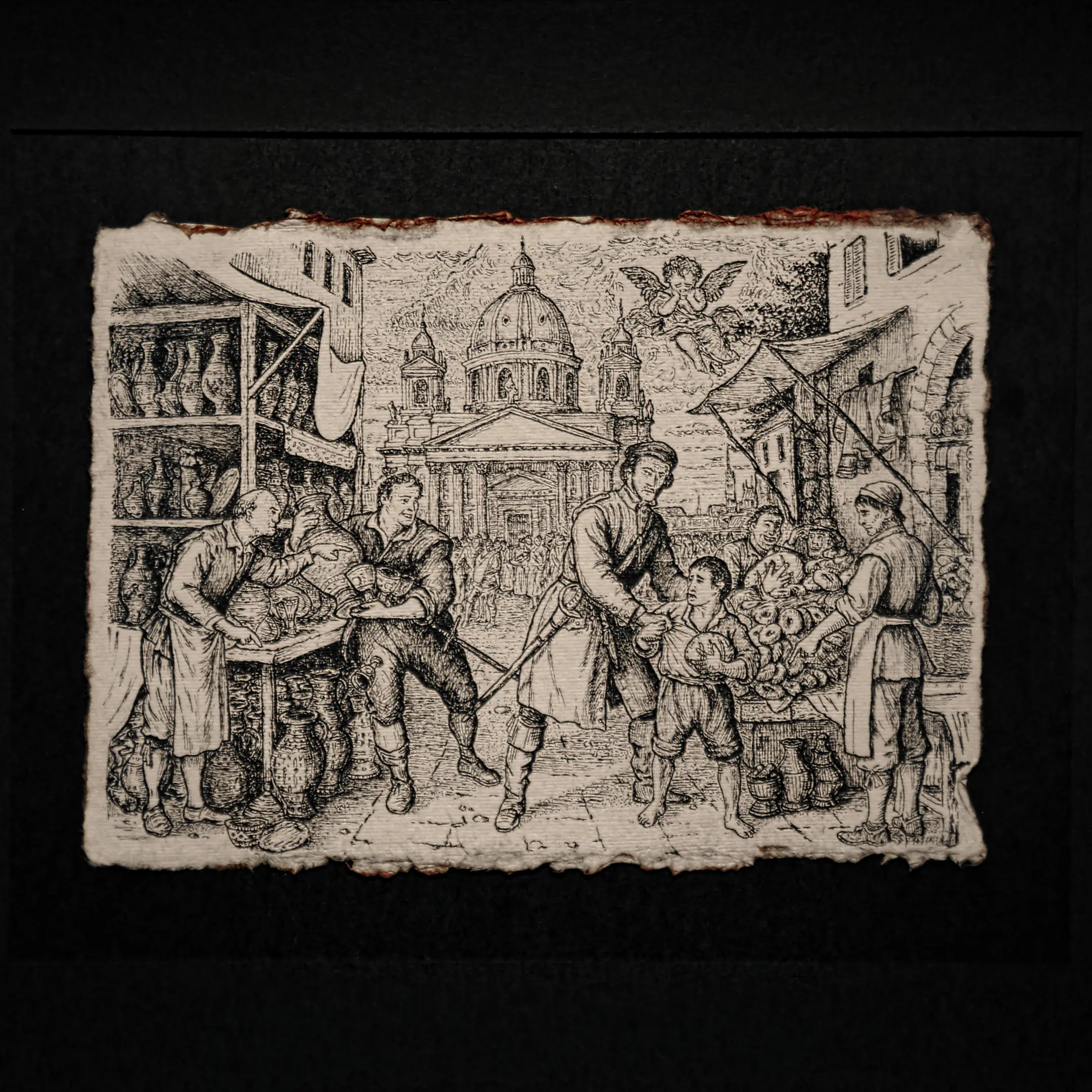 A close-up of a classical ink drawing on textured paper with torn edges, showing a detailed scene of a 19th-century marketplace, characters in period clothing, and a cathedral dome in the distance.