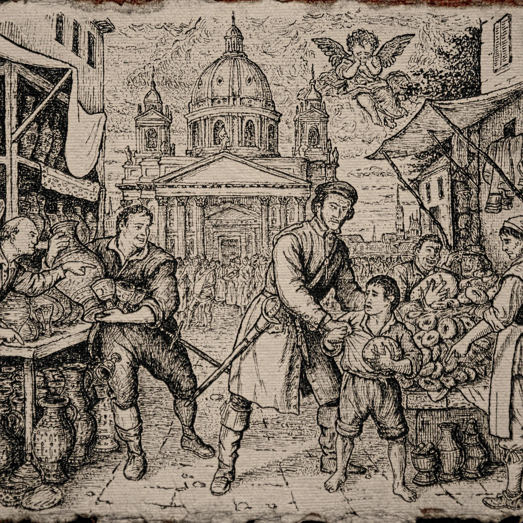 A macro shot of an ink drawing showing a man in historical attire grabbing a young boy by the arm in a crowded market, with a large domed cathedral and a weeping cherub above them.