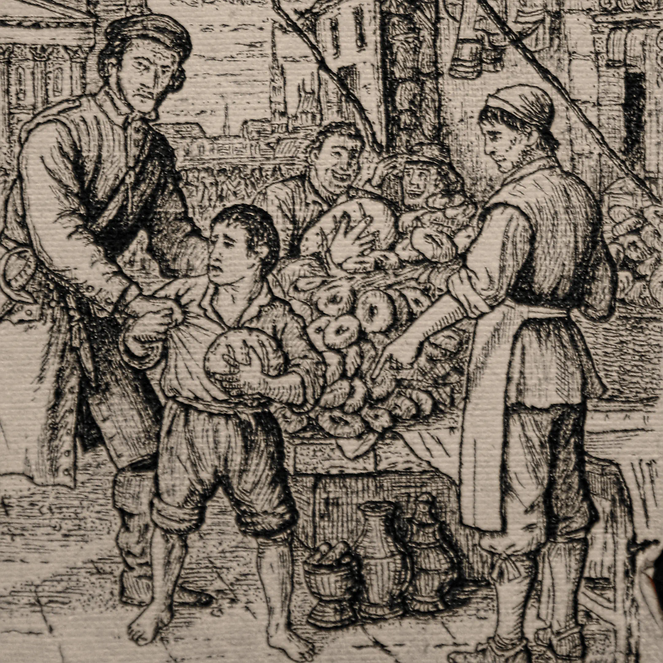 A close-up detail of an ink illustration showing a market stall with stacks of bread, a vendor pointing at a boy, and onlookers in 19th-century attire.