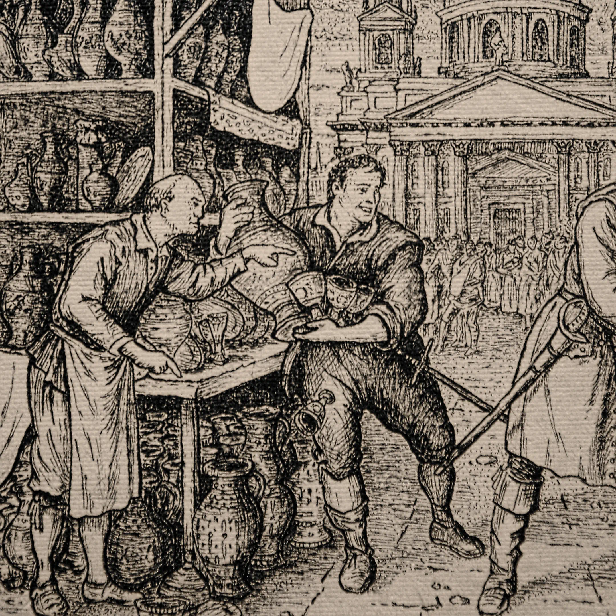 A detailed ink drawing of a ceramics shop in a 19th-century market, showing a merchant pointing at a large vase held by a customer, with rows of pottery on shelves.
