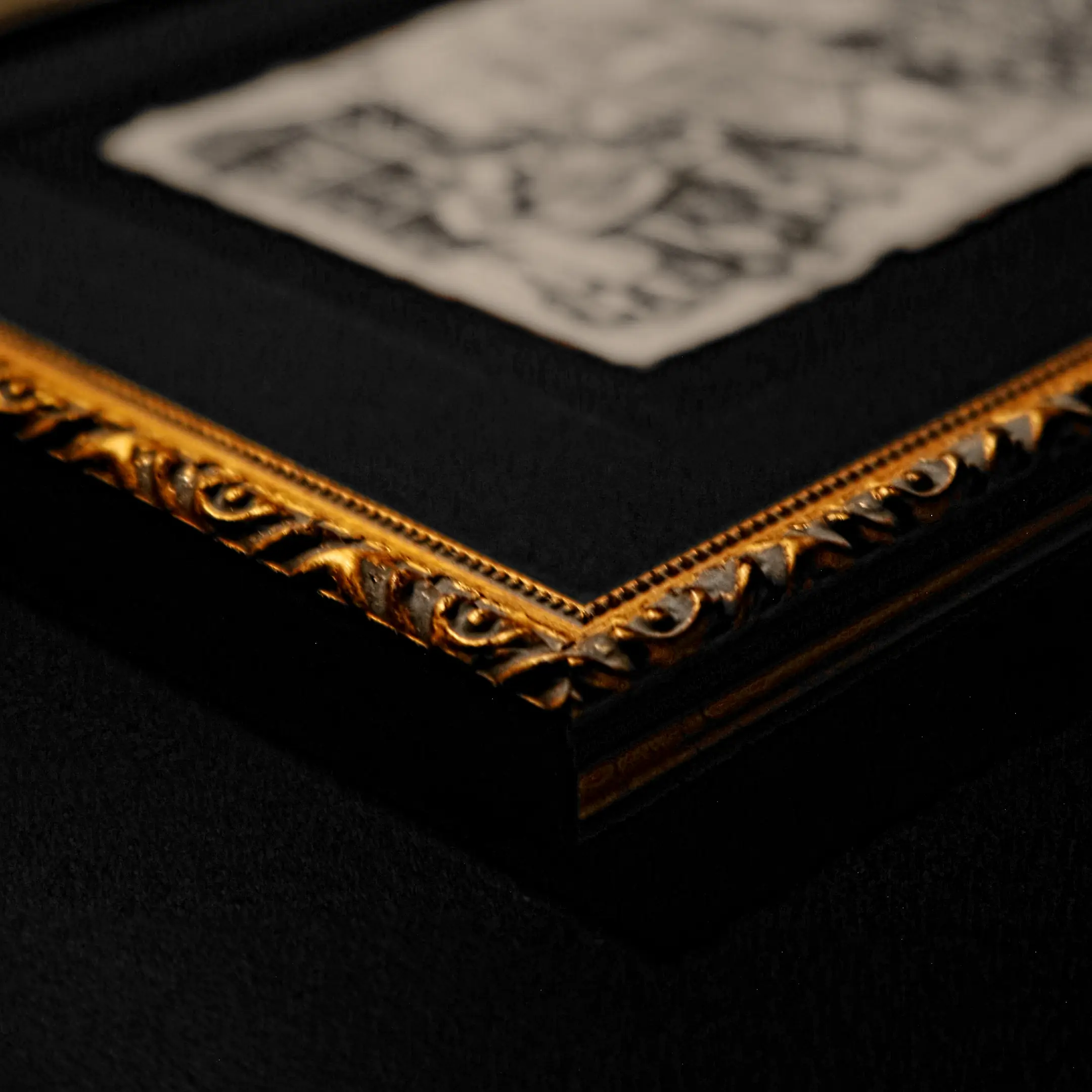 A macro photography shot focusing on the corner of an ornate gold picture frame with a black velvet-textured mat, with the artwork visible in a soft blur in the background.