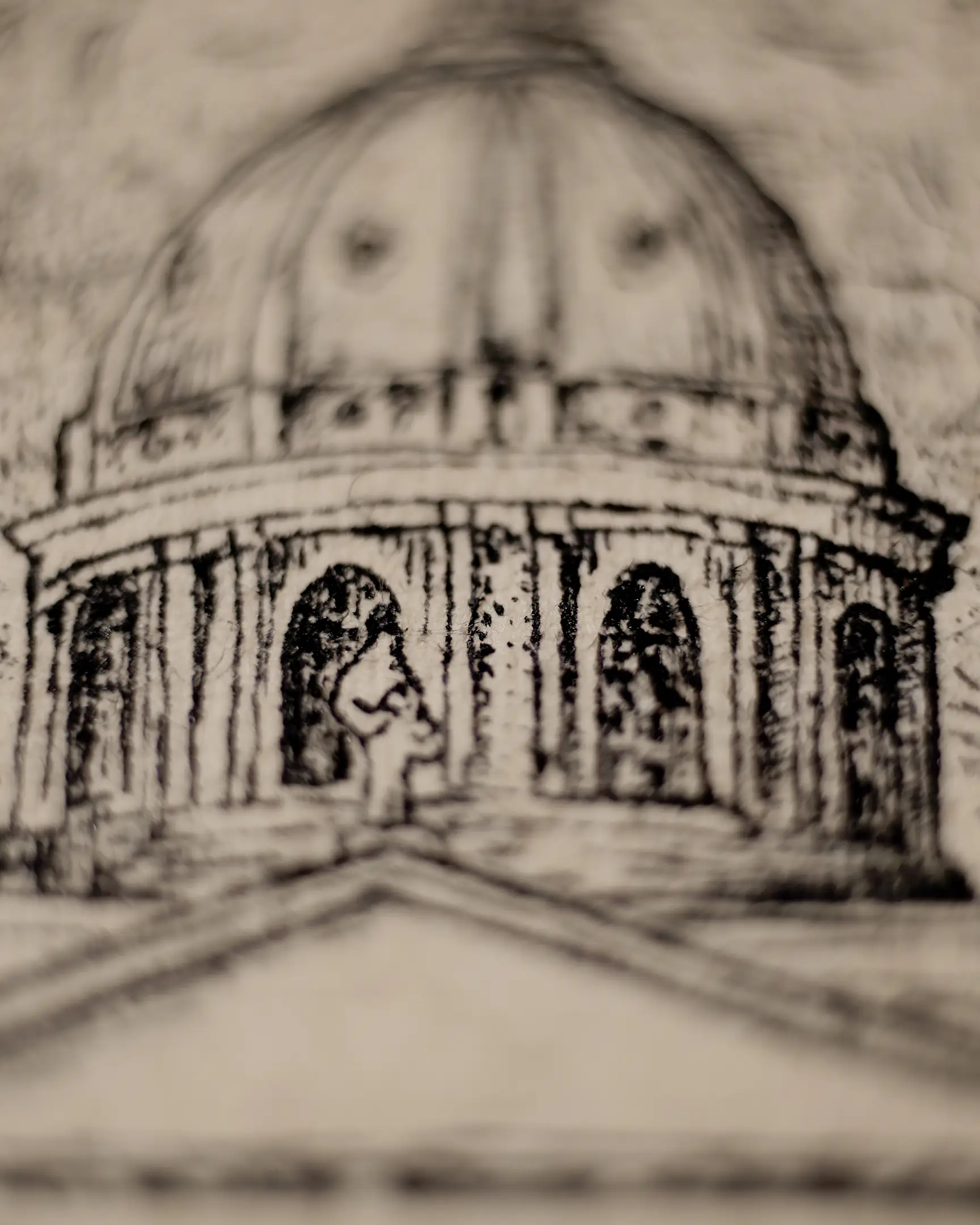 This extreme close-up showcases the intricate architectural elements of the composition. The artist utilizes delicate stippling and line work to define the volume of the dome and the rhythmic sequence of the columns. The soft focus at the edges draws the eye to the central structure, evoking the grandeur of 19th-century European cityscapes.