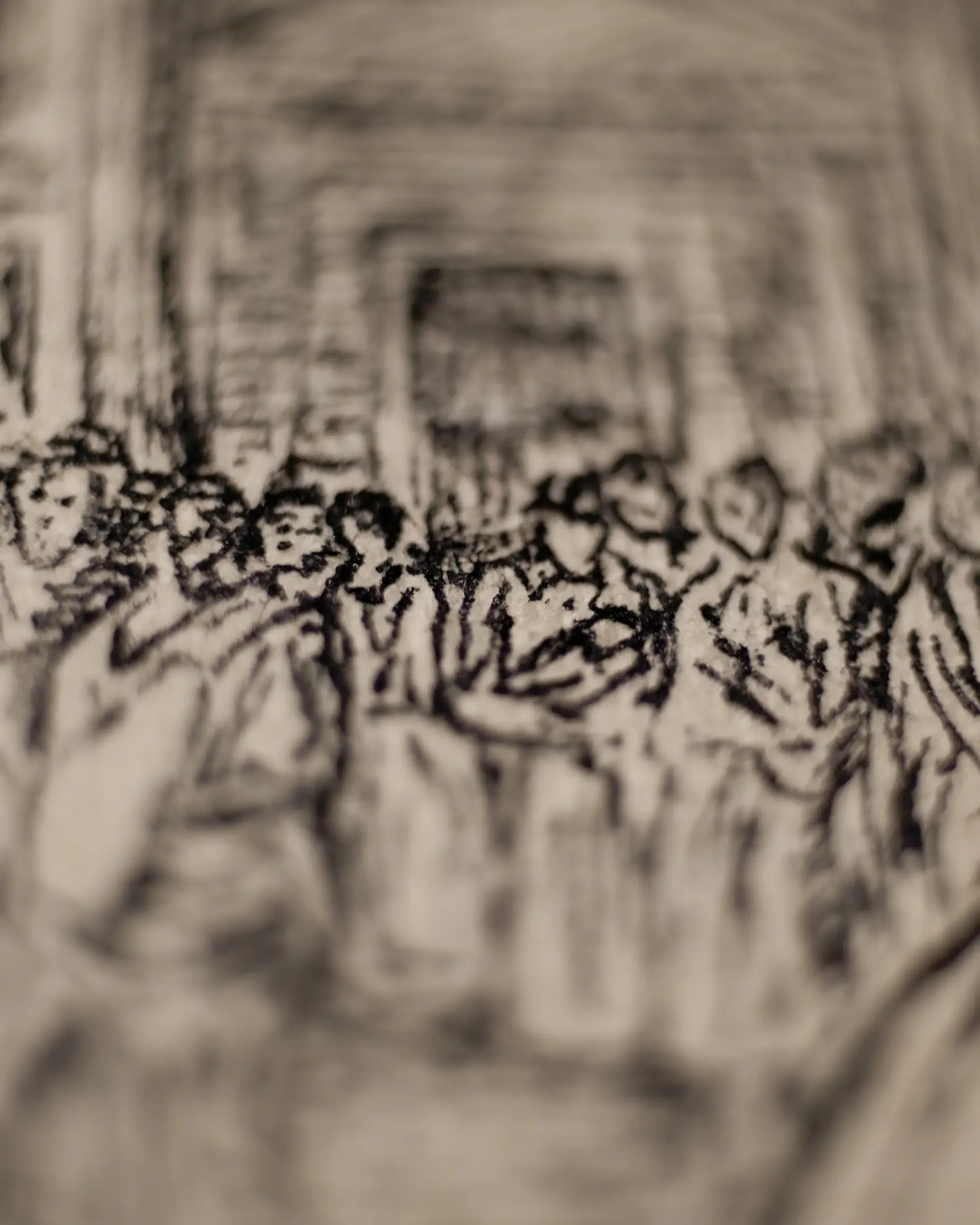This close-up reveals the artist's ability to suggest a sense of scale and movement with minimal yet precise ink work. The figures in the background are rendered with light, impressionistic strokes that create a vibrant atmosphere without distracting from the main narrative. It demonstrates the depth and complexity found within every VSELÉNSKYI composition.