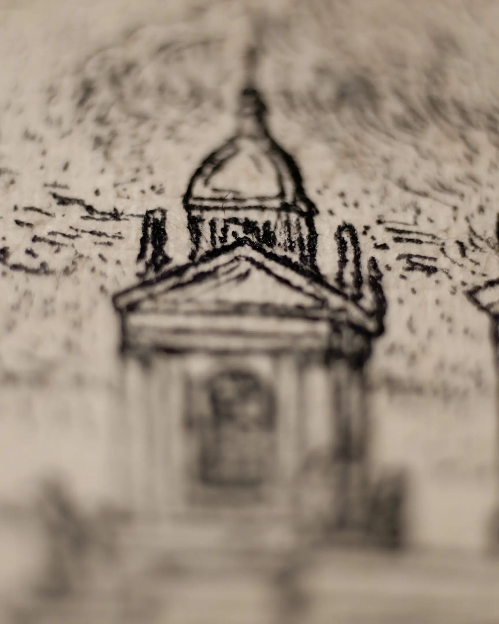 This macro shot emphasizes the depth within the composition. By using lighter, more rhythmic strokes for the distant cathedral towers, the artist achieves a sophisticated sense of atmospheric perspective. The visible texture of the paper adds a tangible, historical quality to the image, characteristic of the VSELÉNSKYI commitment to traditional craftsmanship.