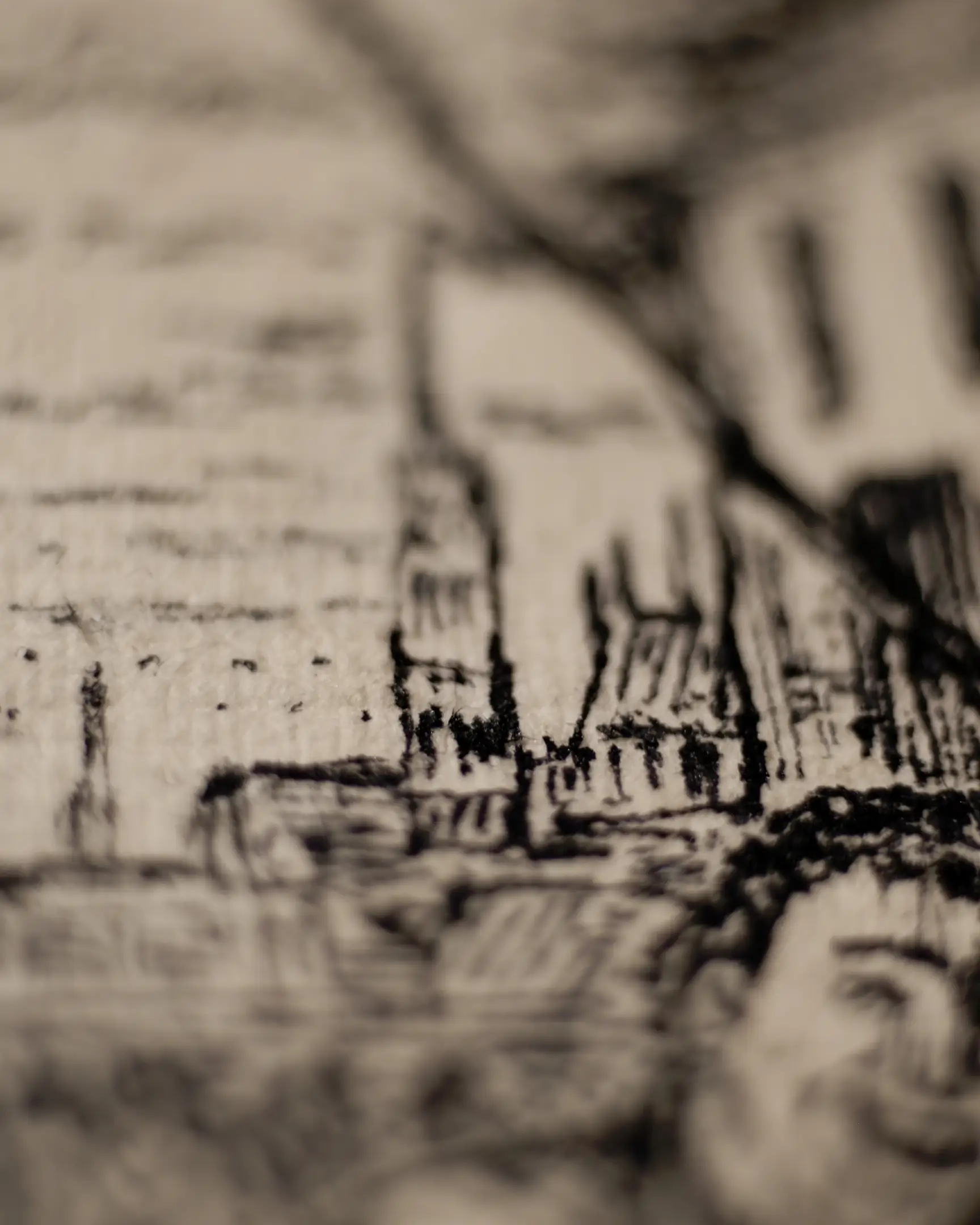 This close-up highlights the transition between the expressive character in the foreground and the delicate architectural details of the background. The use of fine, vertical ink strokes to define spires and towers creates a sense of place and historical atmosphere. The fibrous texture of the paper acts as a natural filter, softening the distant structures and enhancing the depth of the overall composition.