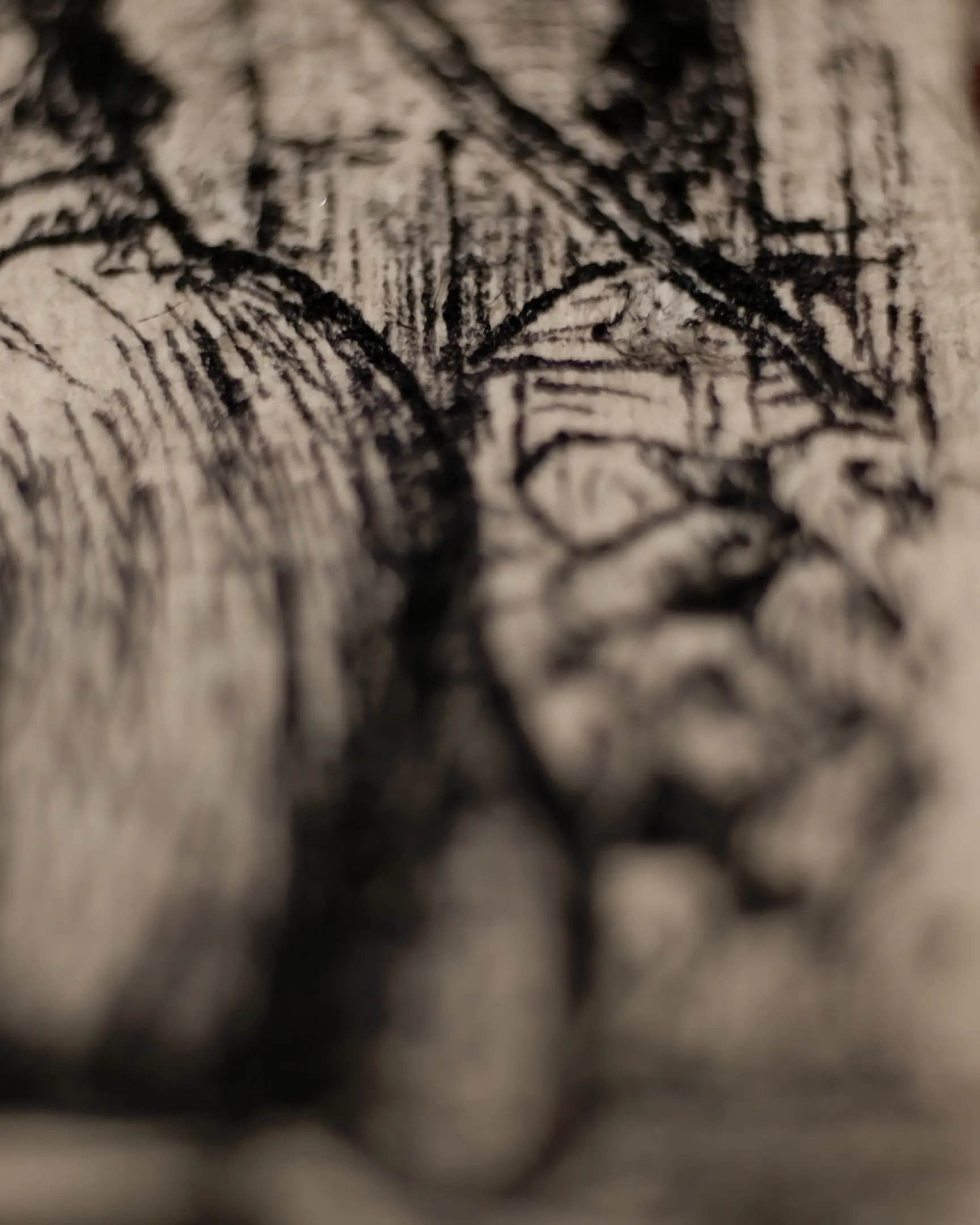 This close-up highlights the meticulous layering used to create a sense of vast space. The rhythmic, almost vibrating ink lines in the background suggest distant structures, while the textured surface of the handmade paper adds an organic, historical feel. It captures the essence of the VSELÉNSKYI style, where every microscopic detail contributes to the overall grandeur of the scene.