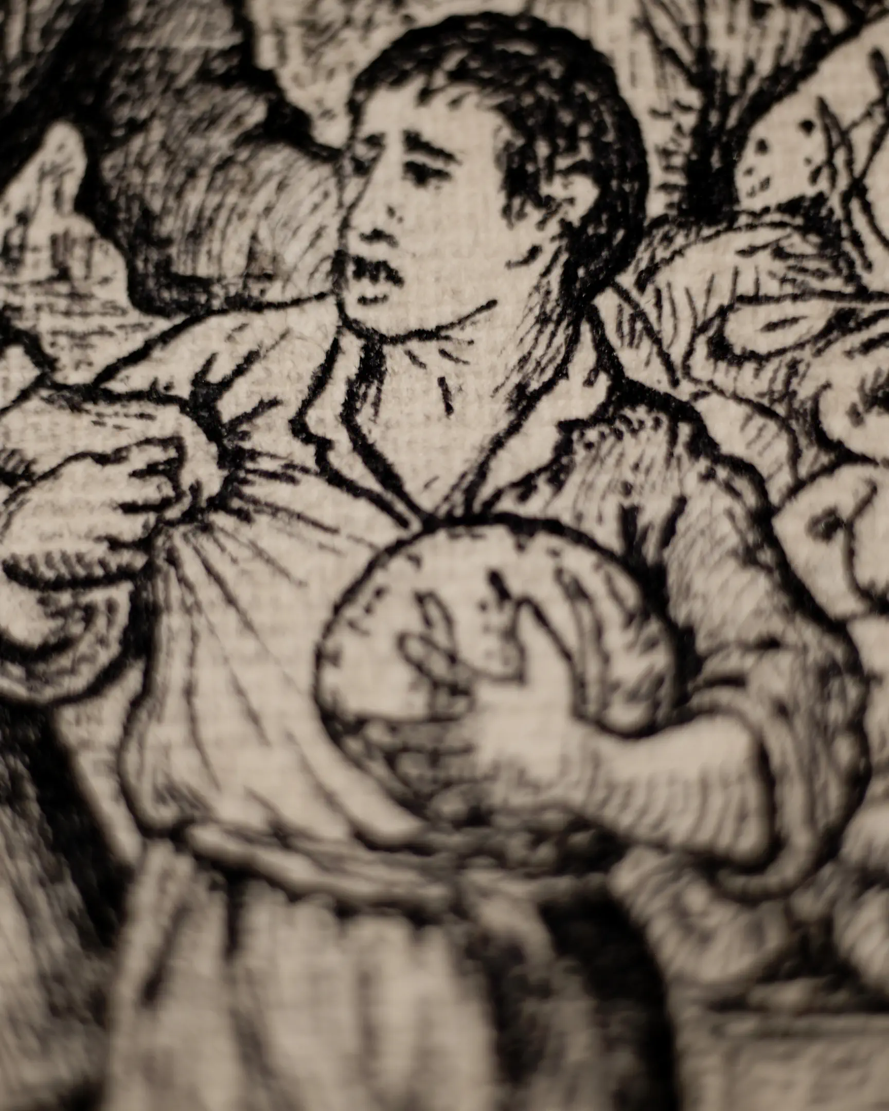 This close-up focuses on the central figure, a man holding a loaf of bread, which serves as a poignant nod to the themes of Italian Verism. The artist’s mastery is evident in the anatomical accuracy of the hands and the lifelike expression of the face, all achieved through varying densities of ink hatching. The visible grain of the handmade paper adds a rugged, authentic texture that perfectly complements the rustic subject matter, embodying the elite academic realism of the VSELÉNSKYI brand.