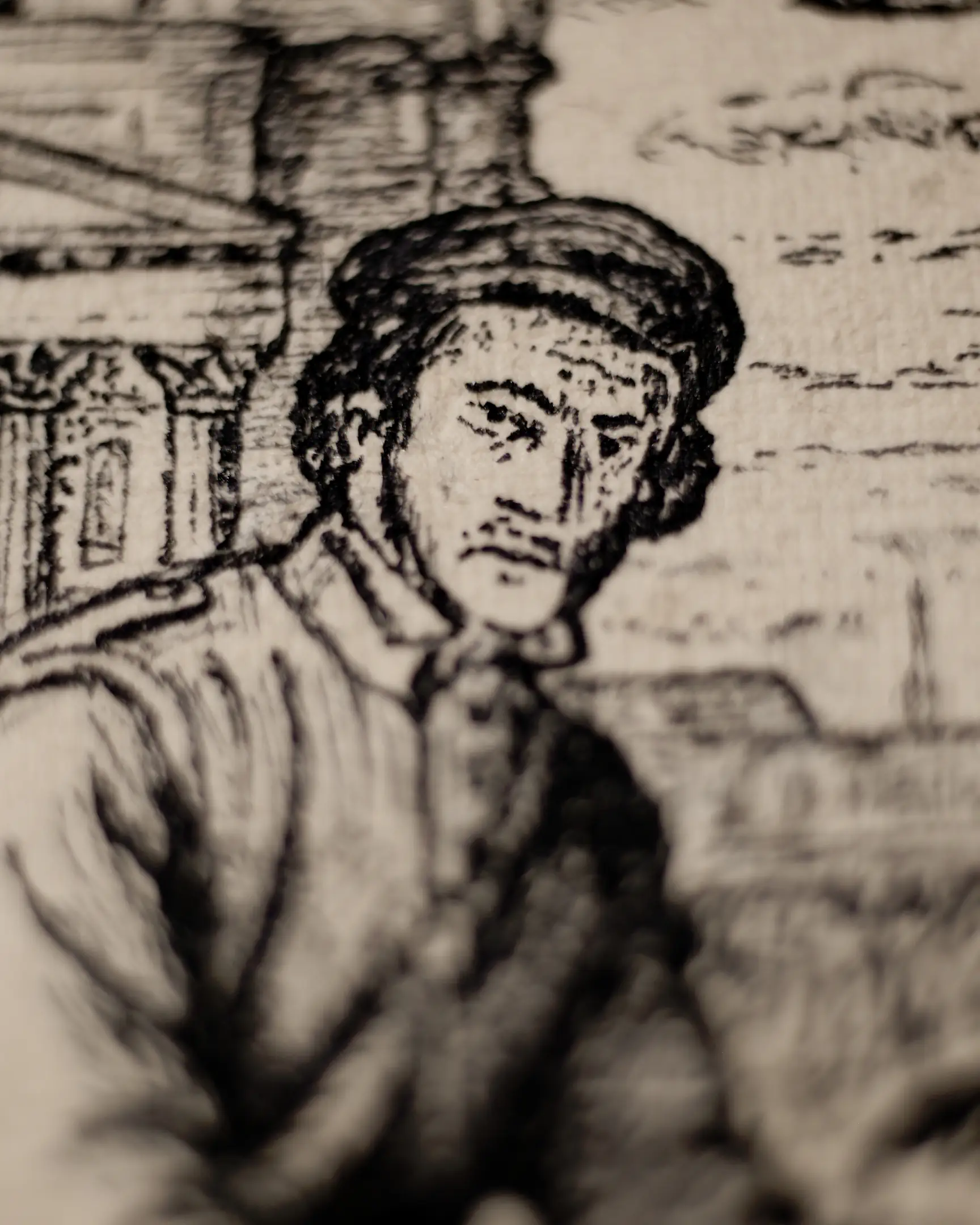 Macro detail of an ink-drawn character by Vselenskyi, showing the texture of iron gall ink and the precise line work of a 19th-century dip pen.