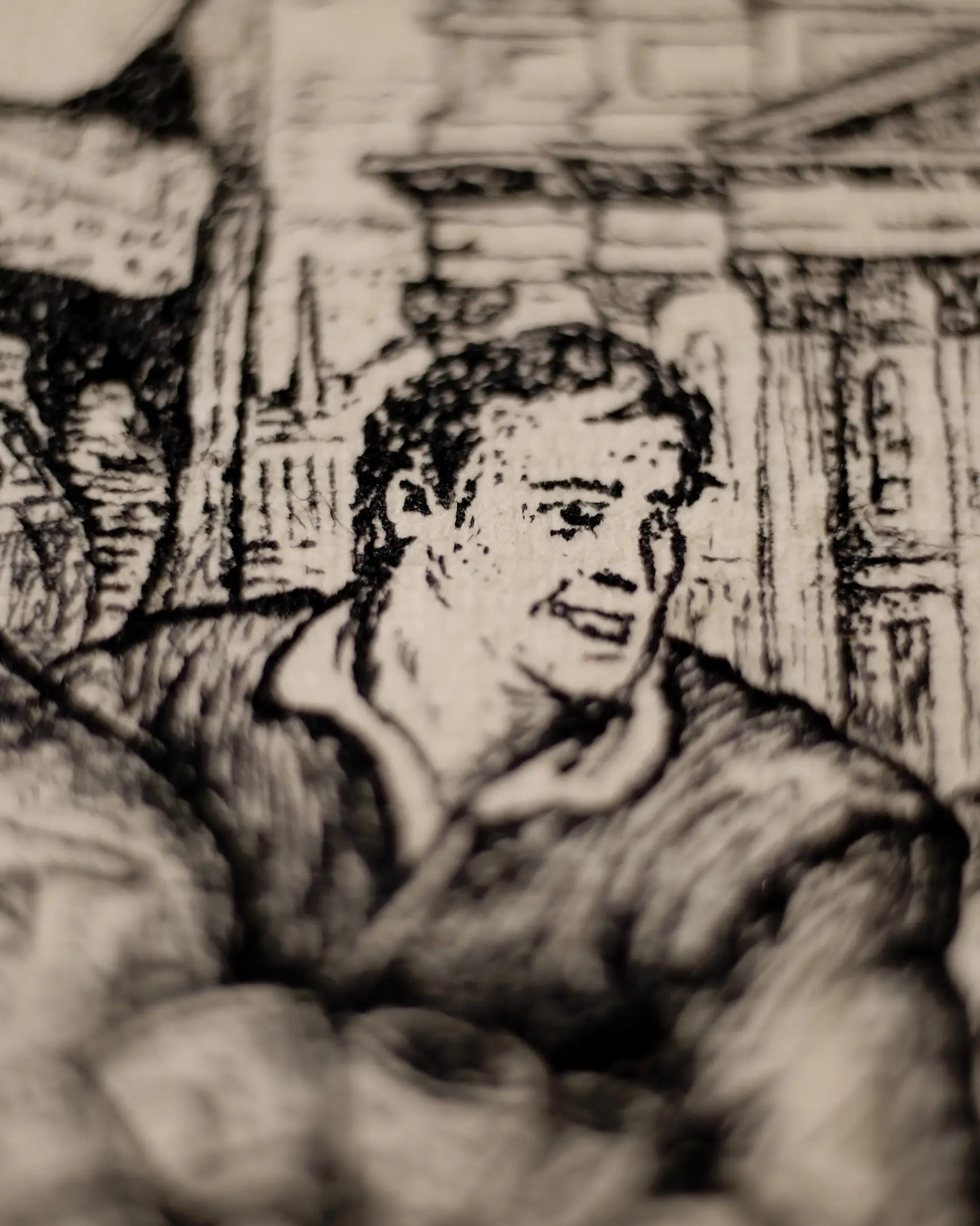 This fragment highlights the narrative depth of the composition. The subtle stippling on the face and the fluid lines of the garment create a sense of life and motion, while the architectural elements in the background provide a structured, historical context characteristic of the VSELÉNSKYI aesthetic.