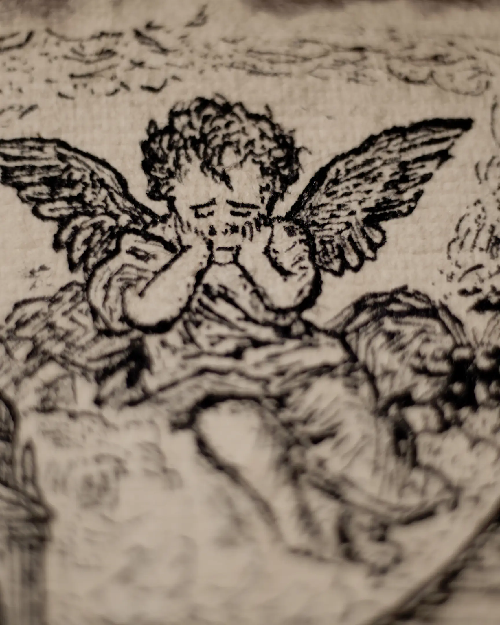 Macro ink detail of an observing angel by Vselenskyi, showcasing spiritual allegory and meticulous line work on archival handmade paper.