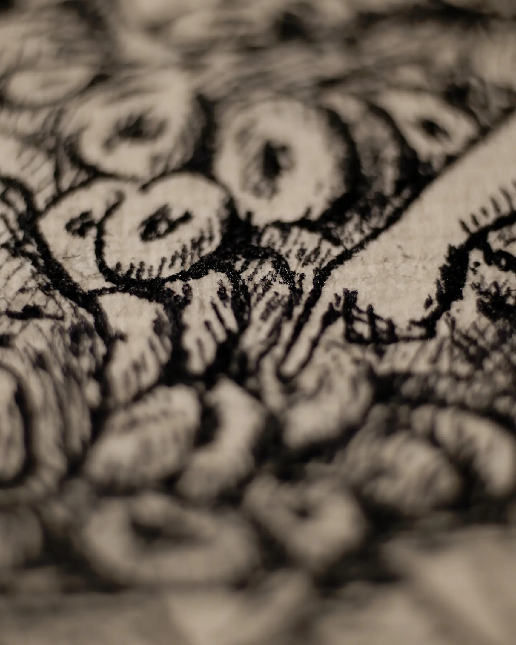 This macro perspective highlights the physical interaction of the medium with the substrate. The deep blacks of the iron gall ink penetrate the fibers of the 18th-century paper, creating a rich, archival quality that is central to the VSELÉNSKYI artistic philosophy.
