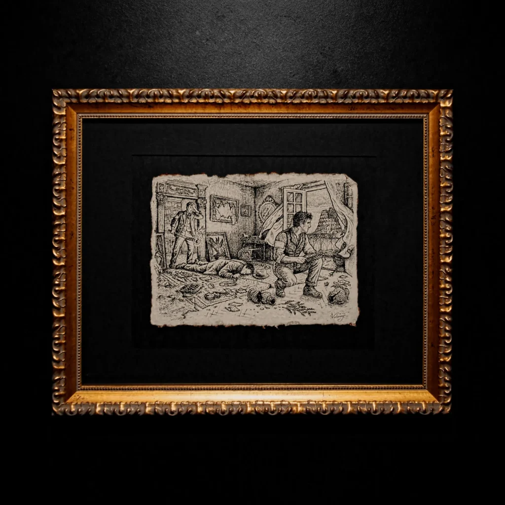 A classical ink drawing on handmade paper with deckled edges, mounted in a black passe-partout and a heavy ornate gold frame against a dark background.