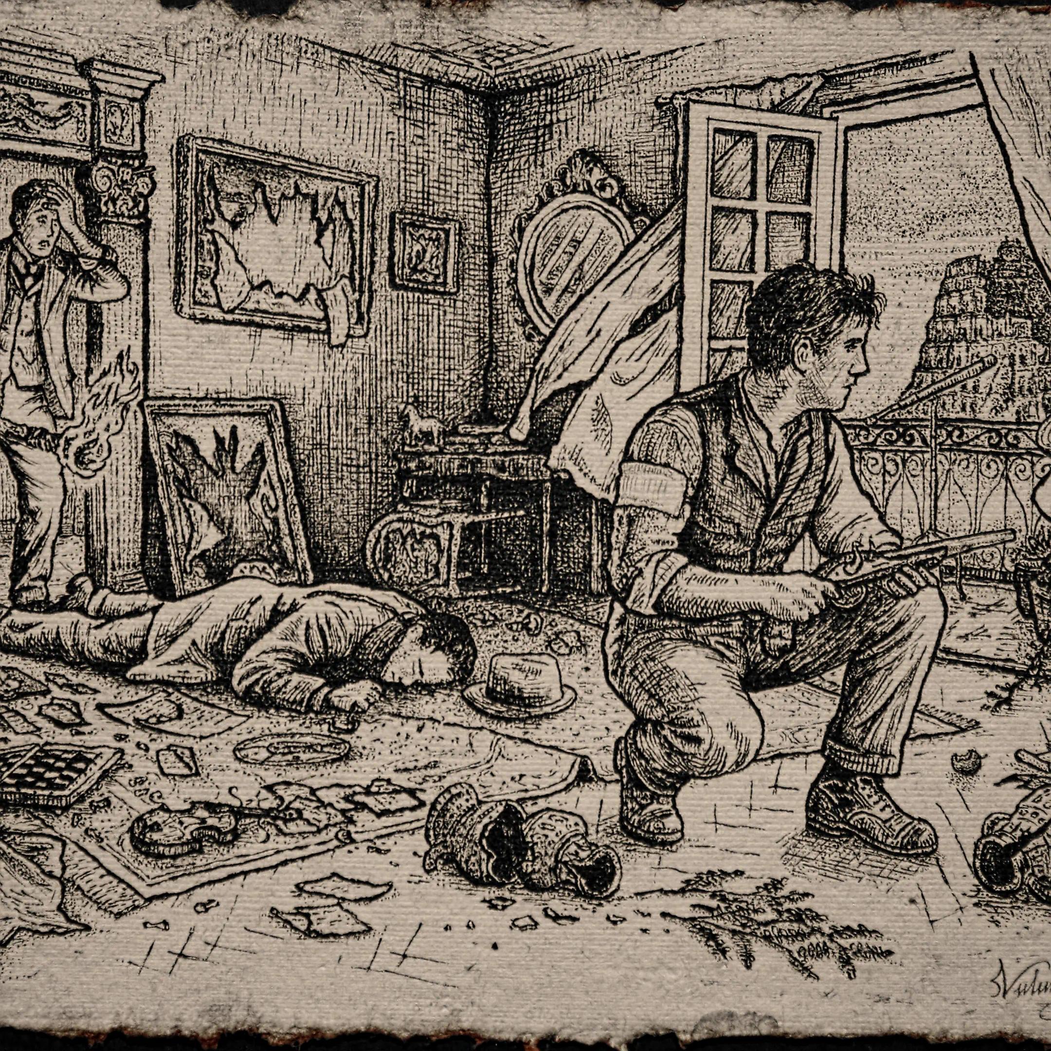 A close-up view of an ink illustration showing a kneeling man with a rifle looking out a balcony, a body lying on the floor, and another man in the doorway. The texture of the antique paper and fine cross-hatching are clearly visible.