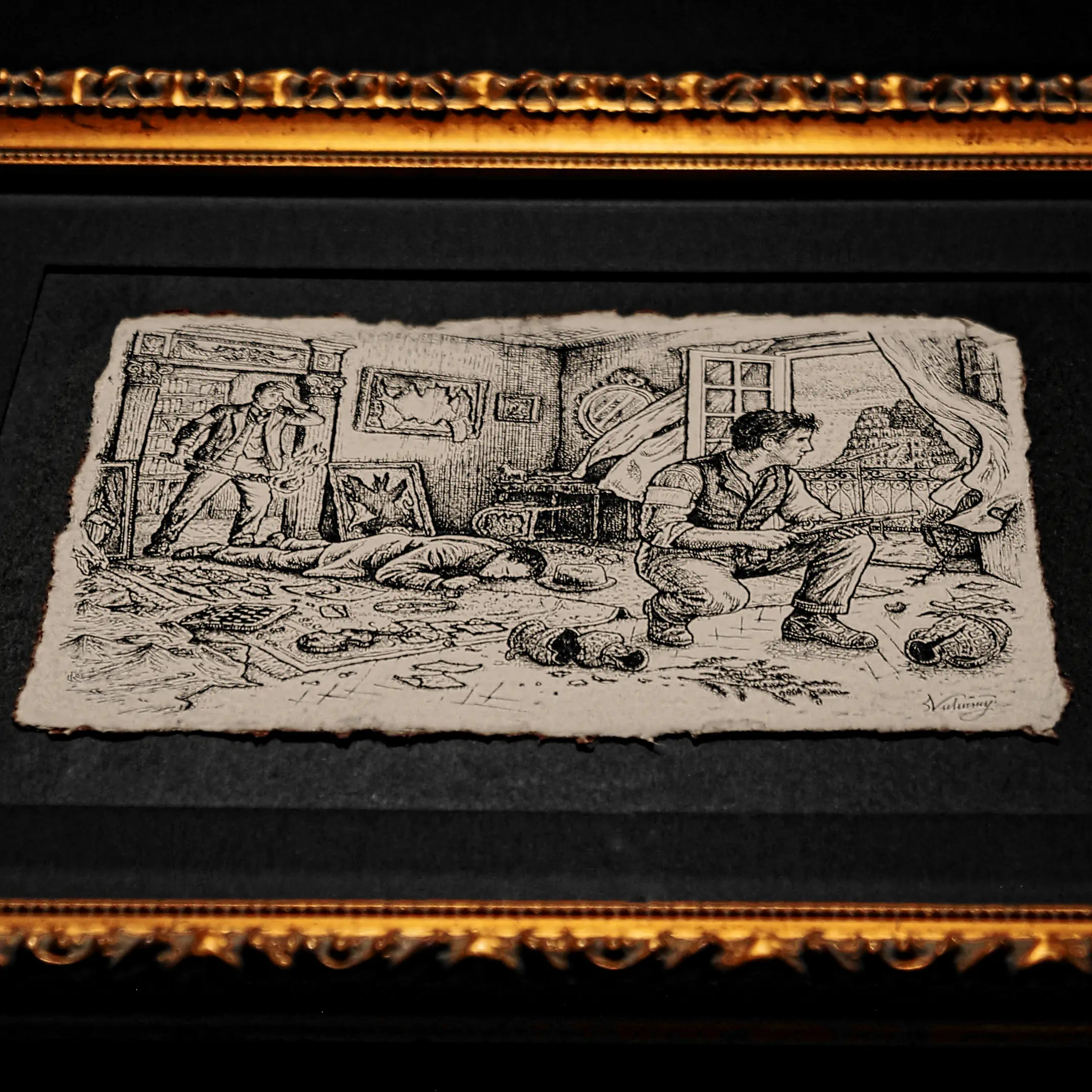 A side-angle view of the artwork showing the texture of the ornate gold frame and the depth of the black mat. The drawing on handmade paper appears slightly recessed, highlighting the physical layers of the piece.
