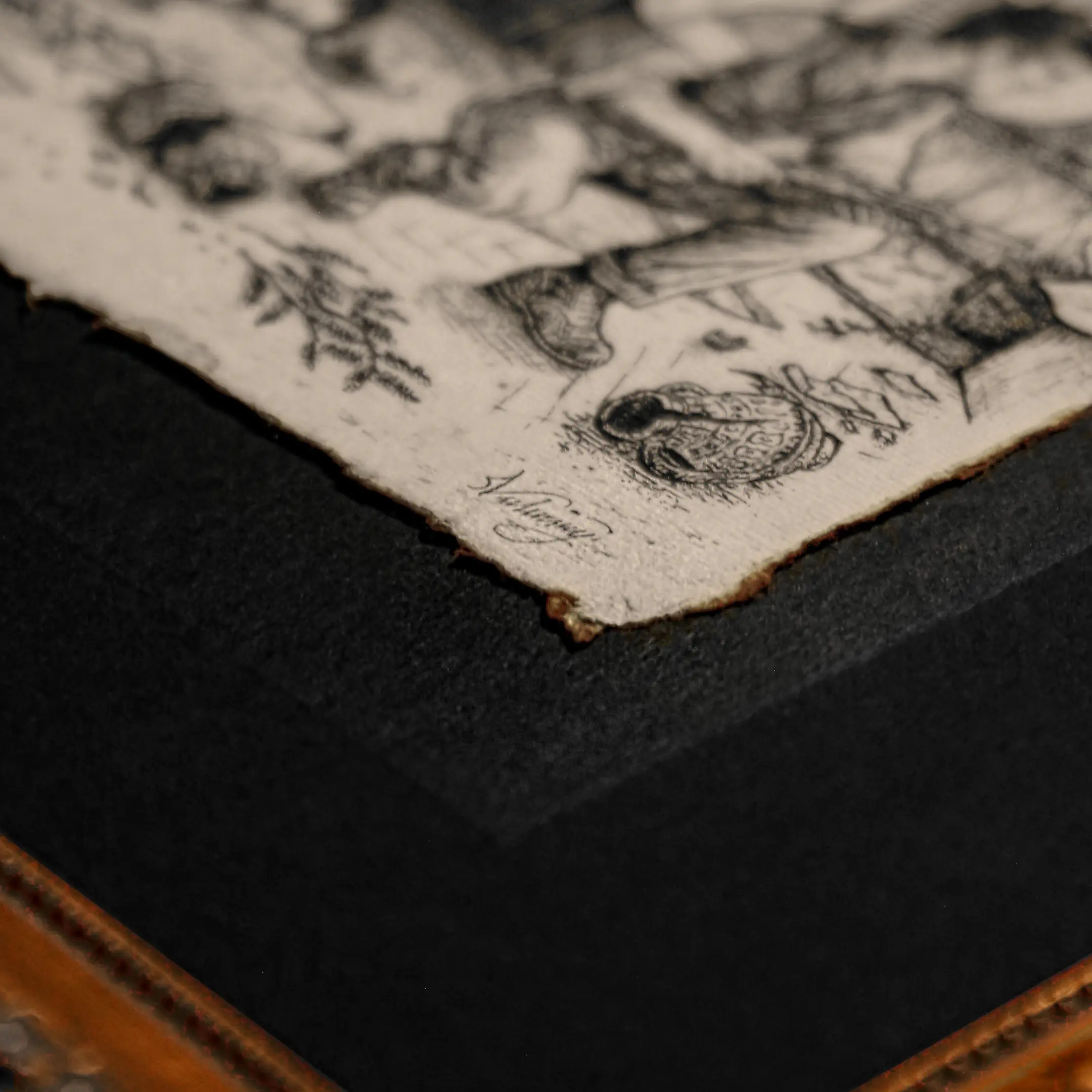 A macro photograph showing the bottom right corner of the drawing. The artist's signature, "Vselenskyi", is written in elegant ink script on the rough, fibrous edge of handmade paper, set against a dark black mat.