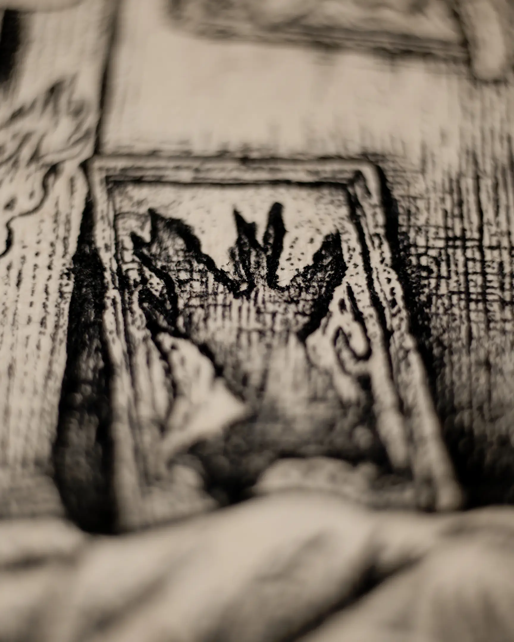 This macro shot focuses on a framed silhouette, illustrating the artist's attention to architectural and decorative details. The heavy, rhythmic line work creates a weathered, antique texture that fits perfectly within the overall 19th-century aesthetic of the collection.